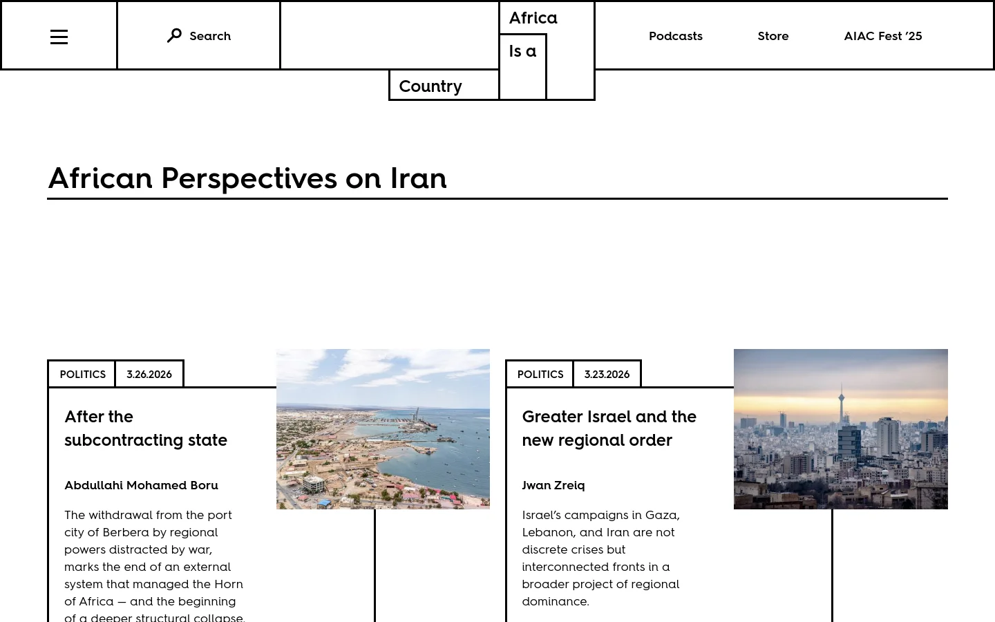 The desktop page features a clean, minimalist layout with a white background and black text. A large headline reads 'African Perspectives on Iran' above a series of article cards, each containing a category tag, date, large title, author name, a brief summary, and a rectangular landscape image.