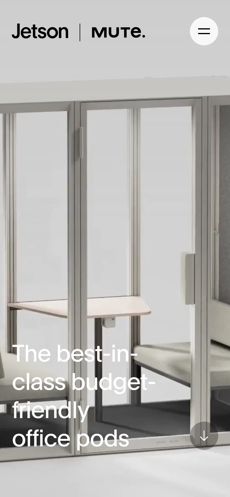 The mobile version presents a simplified, vertical layout with the Jetson logo and a hamburger menu icon at the top. The hero section features the same large image of an office pod and the main headline, but the text is scaled for a smaller screen and the navigation links are hidden within the menu icon.