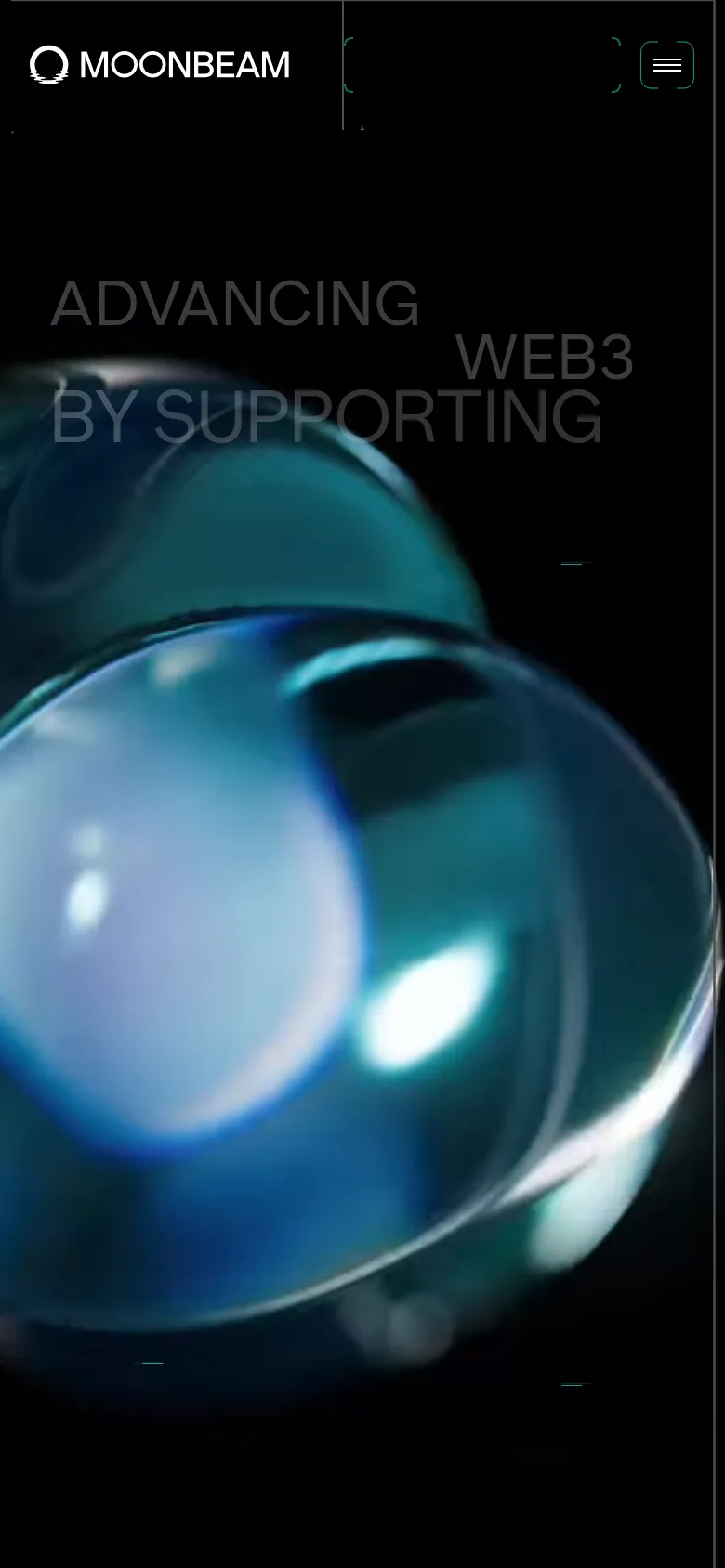 The mobile version maintains the dark aesthetic and blue sphere hero imagery but uses a condensed layout. The headline is centered, and the top navigation is simplified, replacing desktop links with a prominent hamburger menu icon on the right.