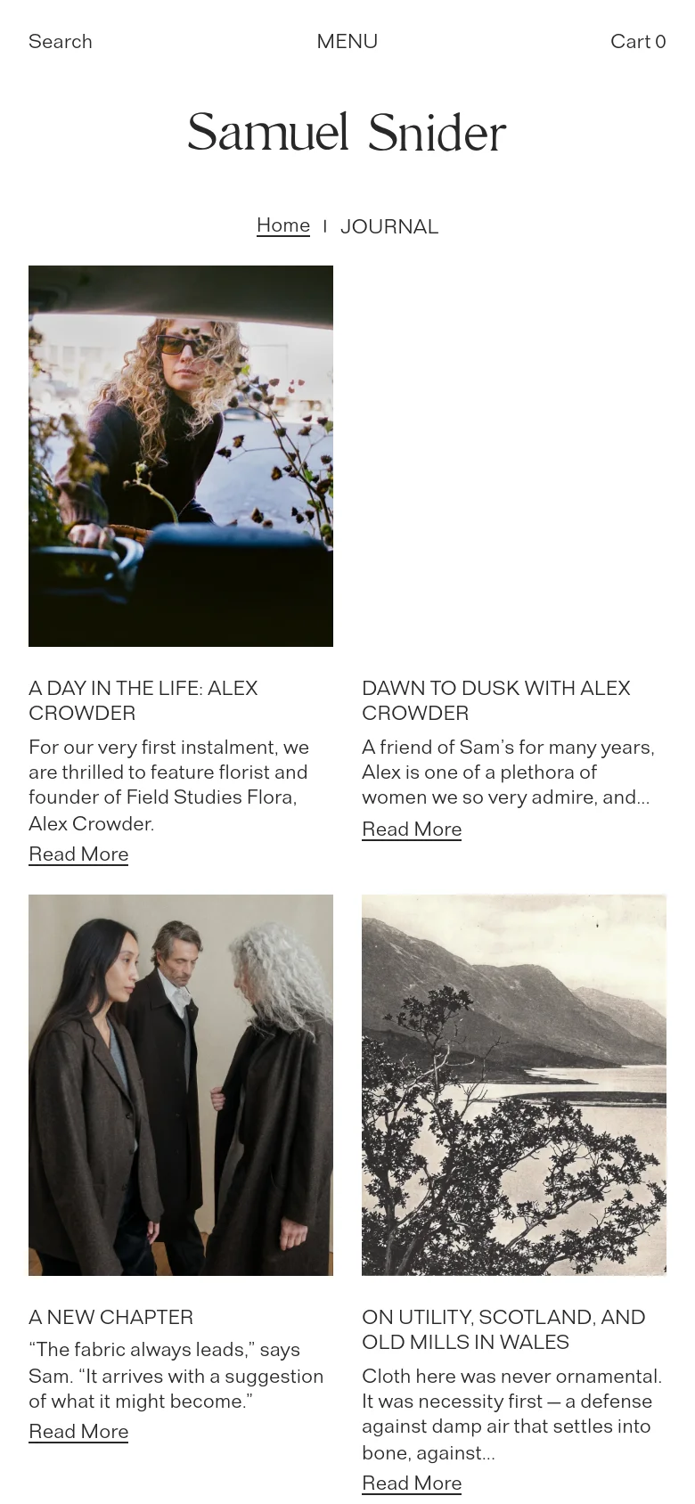 The mobile version presents a single-column vertical scroll of the journal entries. Each entry consists of a large rectangular image stacked above its corresponding headline, descriptive text, and 'Read More' link. The navigation is condensed into a top menu with 'Search', 'MENU', and 'Cart' options.