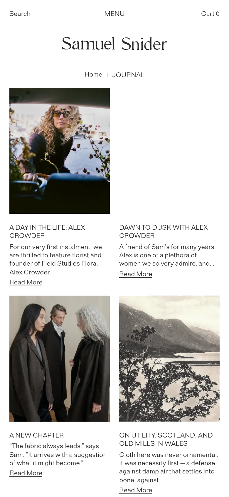 The mobile version presents a single-column vertical scroll of the journal entries. Each entry consists of a large rectangular image stacked above its corresponding headline, descriptive text, and 'Read More' link. The navigation is condensed into a top menu with 'Search', 'MENU', and 'Cart' options.