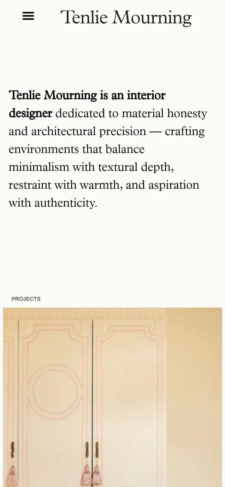 The mobile version simplifies the layout into a single-column view with a hamburger menu icon in the top left and the brand name centered. The mission statement text is stacked vertically, and the project imagery is scaled to fit the narrow screen width.