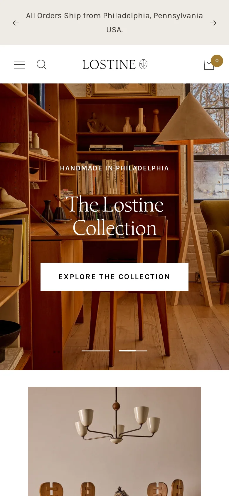 The mobile version presents a simplified layout with a hamburger menu, search icon, and shopping bag in the header. The hero section features the same warm-toned interior imagery and 'The Lostine Collection' text, but the layout is vertically stacked and optimized for a smaller screen.