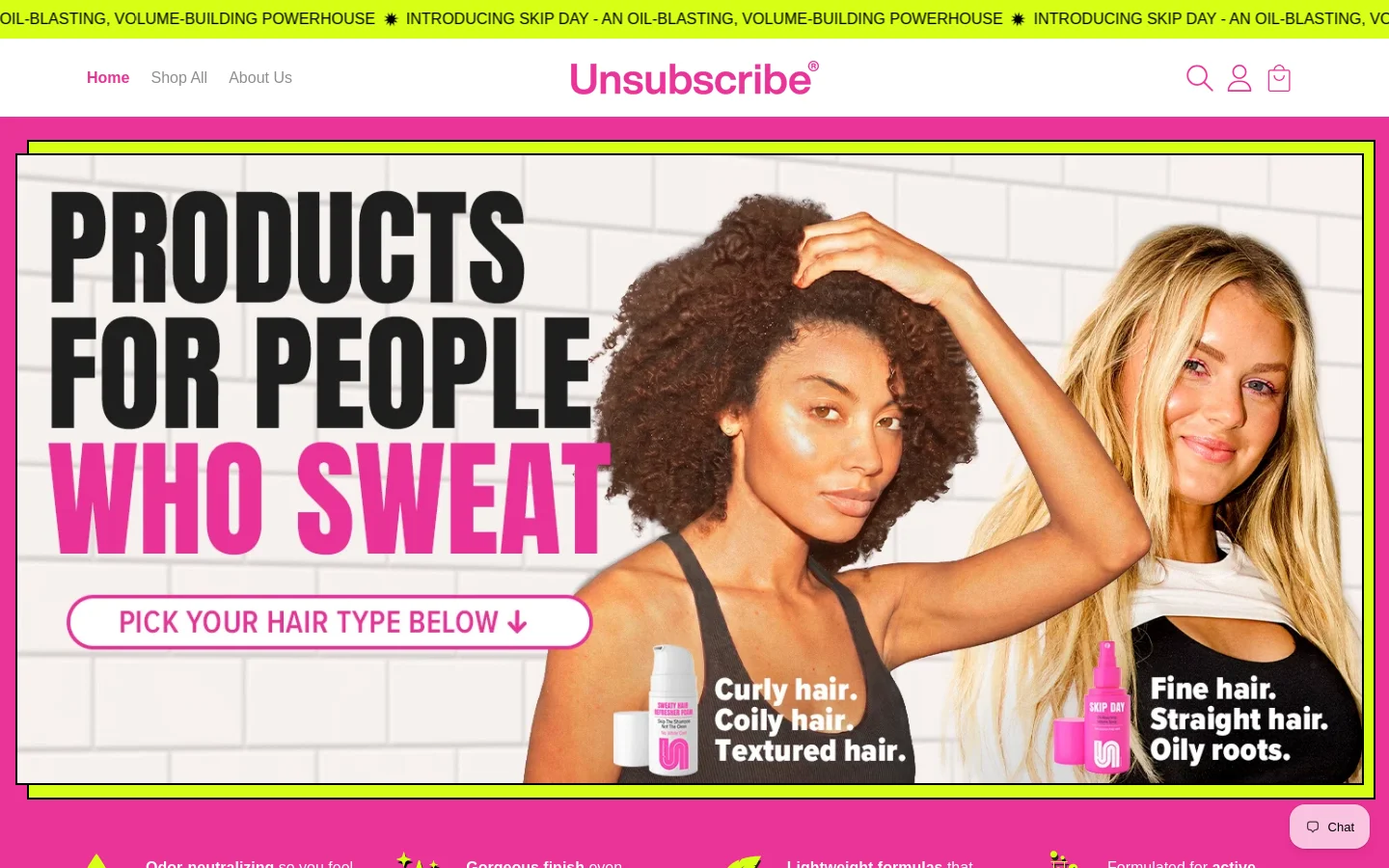 The desktop homepage features a large hero banner with two women against a white tile background and the headline 'PRODUCTS FOR PEOPLE WHO SWEAT' in bold black and pink text. Below the banner, a pink section highlights product benefits with icons, followed by a 'CHOOSE YOUR HAIR TYPE' section with four product categories. The design uses a bright color palette of pink, white, and lime green.