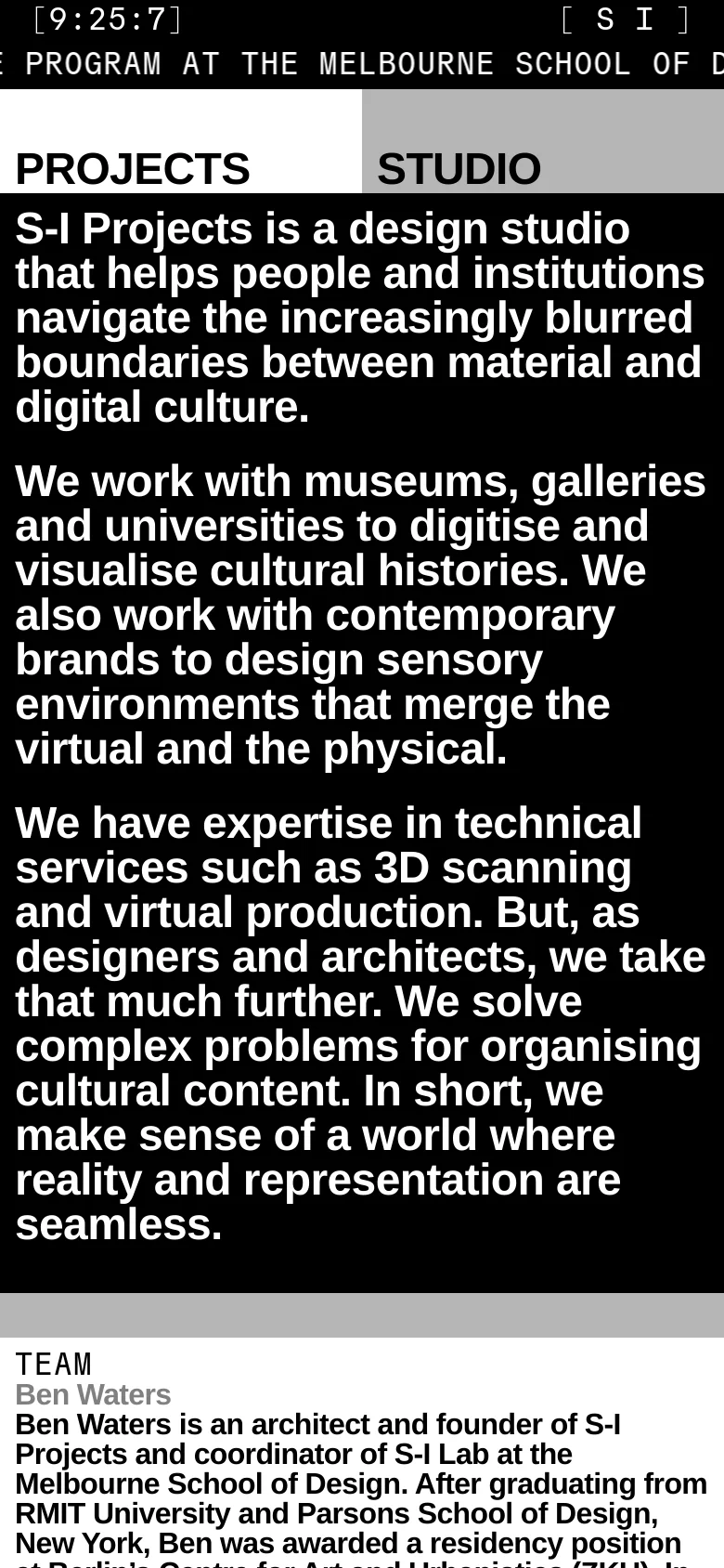 The mobile version simplifies the layout into a single vertical column, prioritizing the large black hero section with bold white text. The multi-column information from the desktop version, including Team, Services, Contact, and Network, is stacked vertically for easier scrolling on a narrow screen.