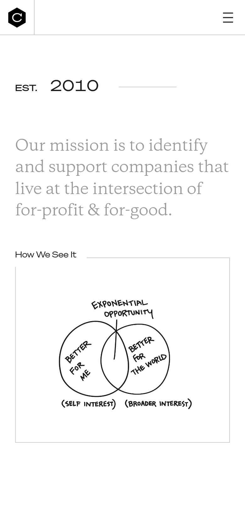 The mobile version maintains the minimalist white aesthetic and large serif text but uses a simplified layout. The top navigation is condensed into a hamburger menu icon on the right, while the mission statement and hand-drawn Venn diagram are stacked vertically to fit the narrower screen width.