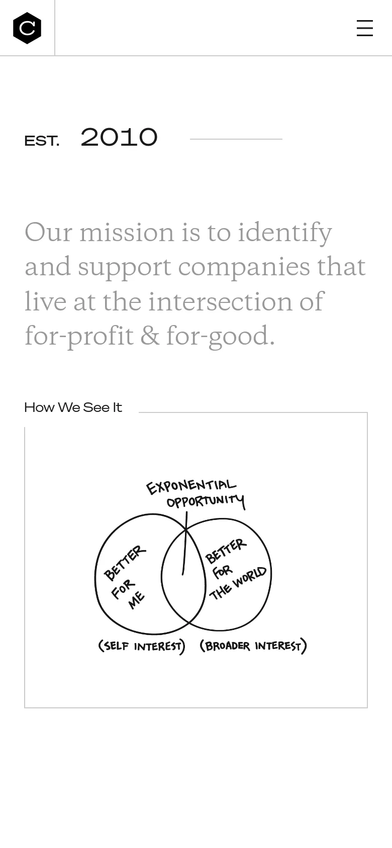 The mobile version maintains the minimalist white aesthetic and large serif text but uses a simplified layout. The top navigation is condensed into a hamburger menu icon on the right, while the mission statement and hand-drawn Venn diagram are stacked vertically to fit the narrower screen width.