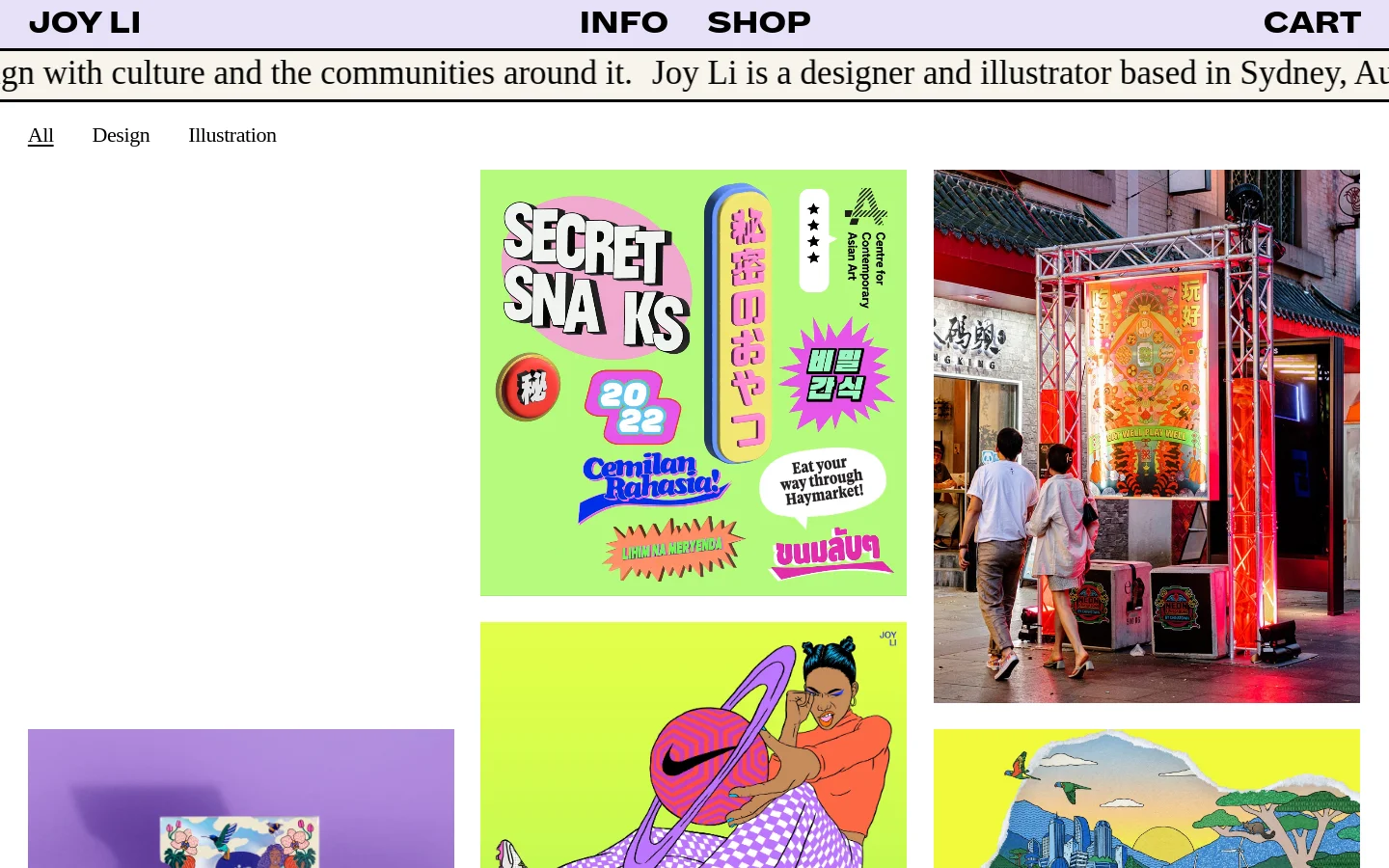 The desktop website features a minimalist layout with a light lavender header containing the name 'JOY LI' and navigation links for 'INFO', 'SHOP', and 'CART'. Below the header, a large serif text introduction describes Joy Li as a designer and illustrator, followed by a filter menu for 'All', 'Design', and 'Illustration'. A grid of colorful project tiles showcases various graphic design and illustration works, such as 'Secret Snacks' and 'Neon Playground'.