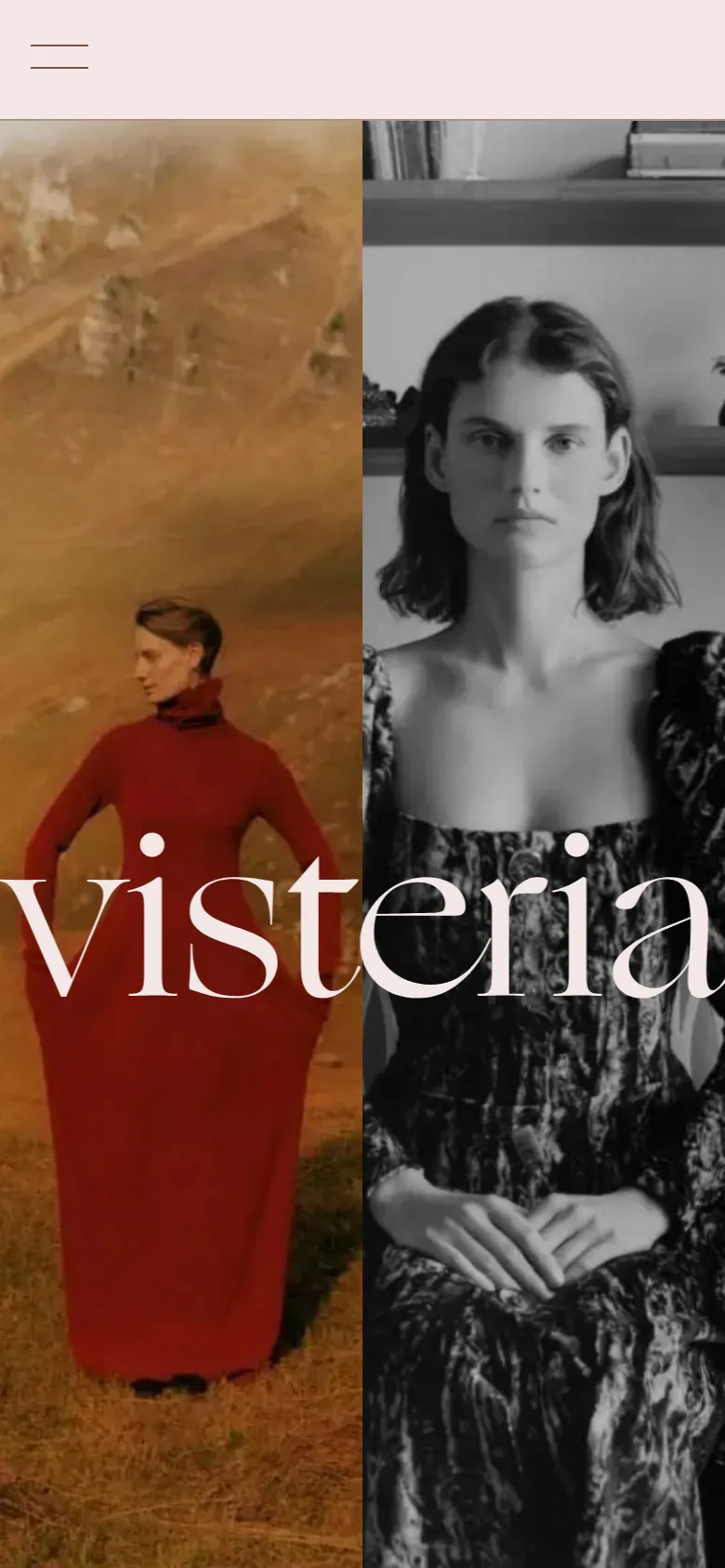 The mobile version presents a vertically stacked layout, beginning with the split-screen hero image and 'visteria' logo at the top. The navigation is condensed into a hamburger menu icon in the top left, and the content flows in a single column with large imagery and text blocks for news and publishing activities.