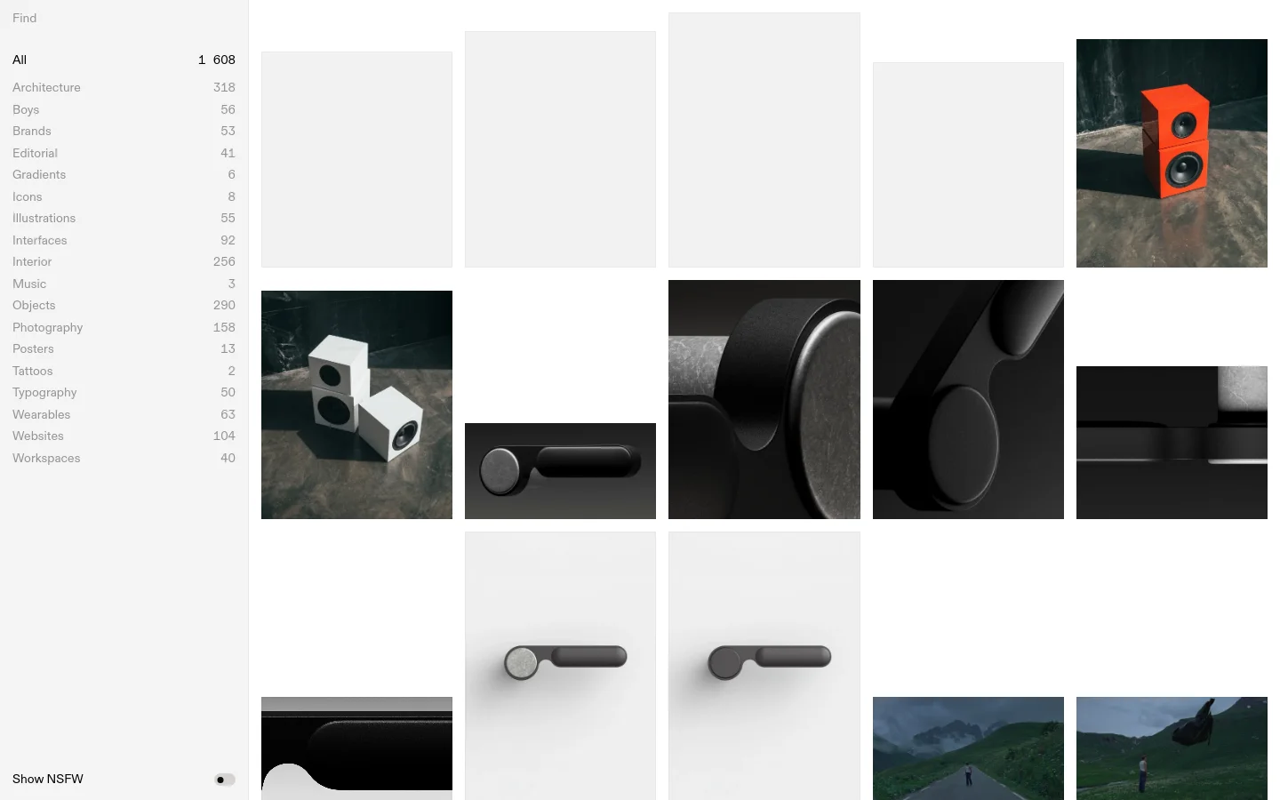 A minimalist design archive website with a white background and a sidebar on the left containing a search bar and a list of categories with item counts. The main content area features a masonry grid of high-quality design images, including speakers and industrial objects, in various sizes.