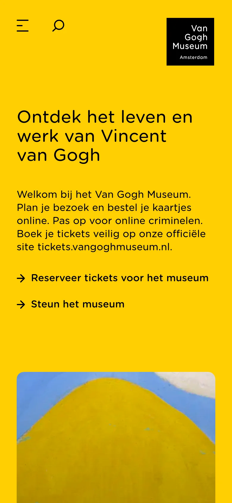 The mobile version uses a bright yellow background with a simplified layout optimized for vertical scrolling. The main headline and ticket reservation links are prominently stacked at the top, followed by a large, full-width image card for the current exhibition. The navigation is condensed into a hamburger menu and a search icon located in the top header next to the museum logo.