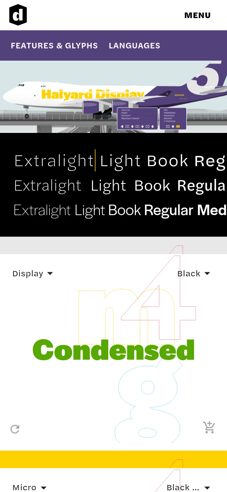 The mobile version presents a simplified, vertically stacked layout with a condensed header containing the Darden Studio logo and a 'Menu' button. The hero image of the airplane is scaled down, followed by large typographic examples of the Halyard font weights. Navigation links like Features & Glyphs and Languages are moved into a streamlined menu structure.