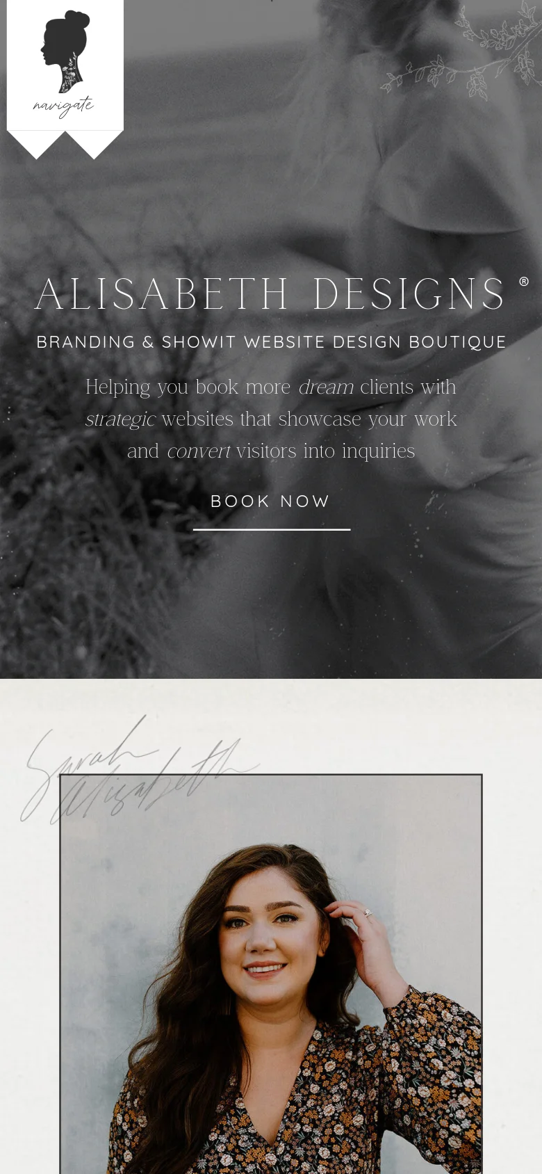 Mobile version of the homepage with a vertically stacked layout. The hero section features the brand name and 'Book Now' button over a black and white background image, followed by a portrait of Sarah Alisabeth. The navigation is condensed, and the text is centered for easier reading on smaller screens.