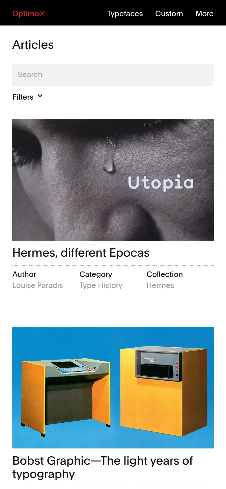 The mobile version simplifies the layout into a single-column view. The left-hand sidebar is replaced by a 'Filters' dropdown menu below the search bar, and the article cards stack vertically with the image positioned above the text content for easier scrolling.
