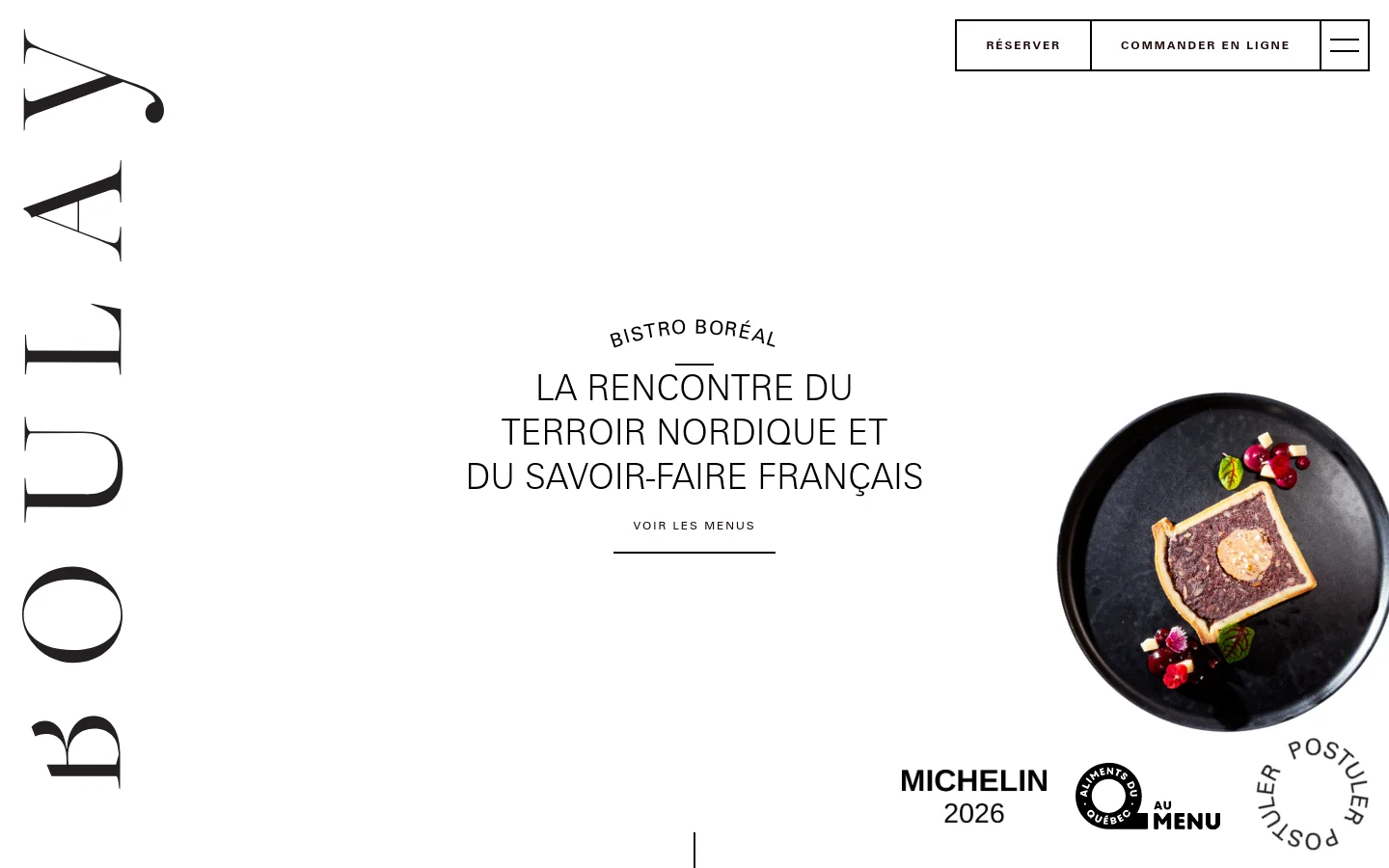 The desktop homepage features a minimalist white background with large, elegant black serif typography. The hero section displays the headline 'La rencontre du terroir nordique et du savoir-faire français' next to a high-angle photograph of a gourmet tart on a dark plate, with Michelin 2026 branding at the bottom. Navigation includes buttons for 'Réserver' and 'Commander en ligne' at the top right.