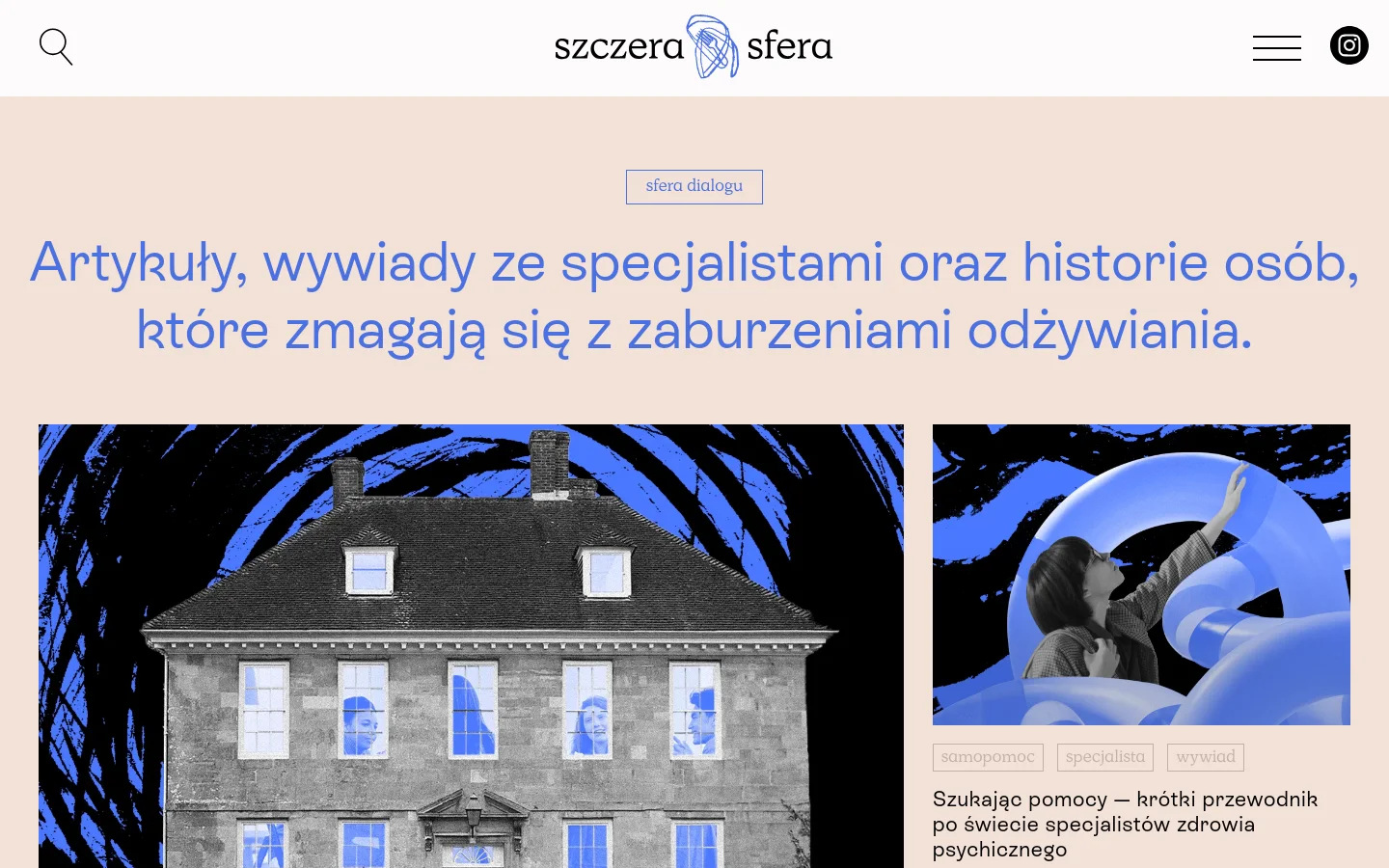 The desktop version features a minimalist design with a light pink background and blue text headline stating 'sfera dialogu' followed by a description of articles and interviews. Below the text, a grid layout displays large rectangular images, including a black and white photo of a large building with blue accents and a person reaching toward a blue shape. The navigation includes a search icon, the 'szczera sfera' logo, and social media links at the top.