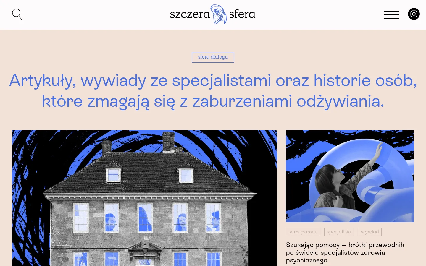 The desktop version features a minimalist design with a light pink background and blue text headline stating 'sfera dialogu' followed by a description of articles and interviews. Below the text, a grid layout displays large rectangular images, including a black and white photo of a large building with blue accents and a person reaching toward a blue shape. The navigation includes a search icon, the 'szczera sfera' logo, and social media links at the top.