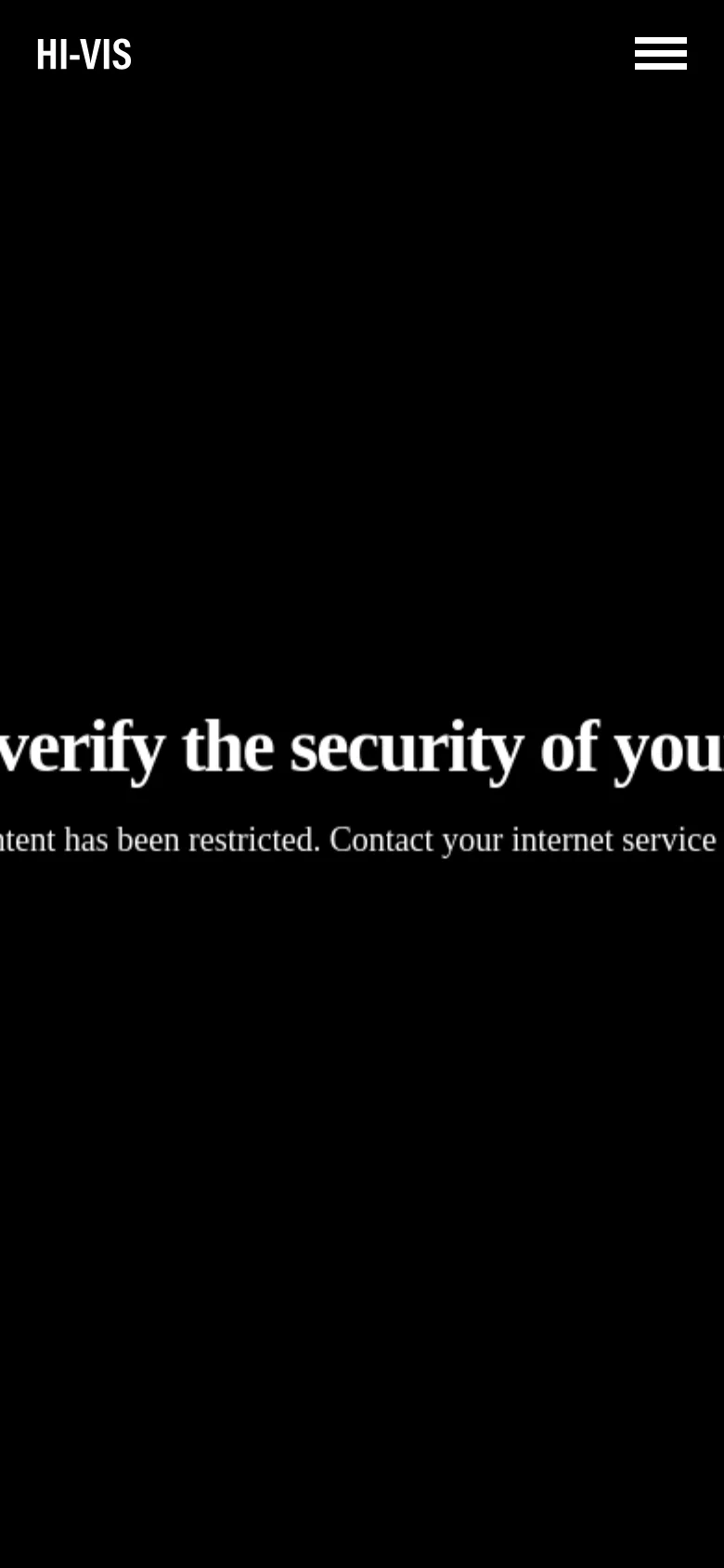 The mobile version of the site maintains the black background and neon green branding. The top navigation is replaced by a hamburger menu icon on the right, and the central security error message is scaled to fit the narrower screen width.