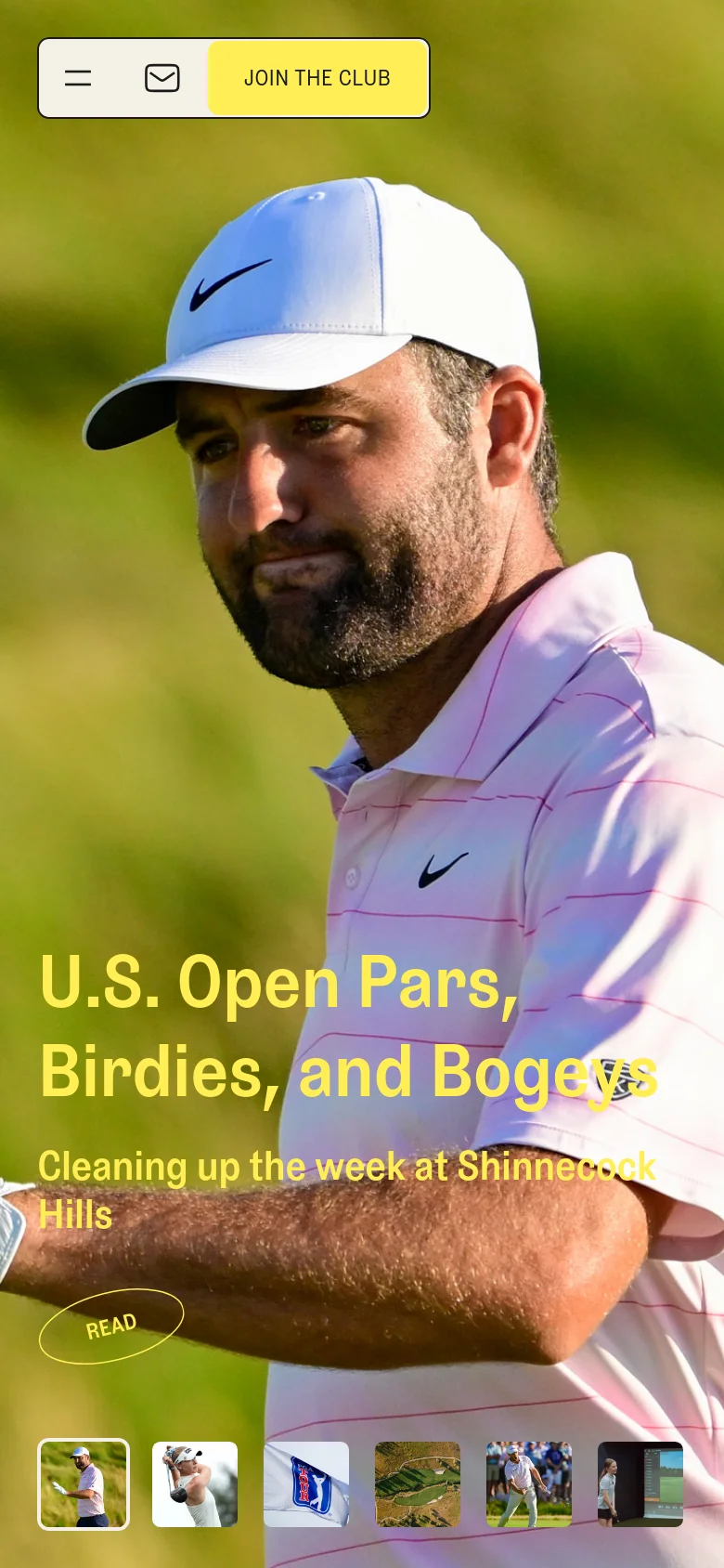 The mobile version presents a vertically stacked layout with the hero image of the golfer filling the screen. The header is simplified with a hamburger menu, email icon, and a prominent yellow 'Join the Club' button. The headline and 'Read' call-to-action button are positioned lower on the screen to accommodate the portrait orientation.