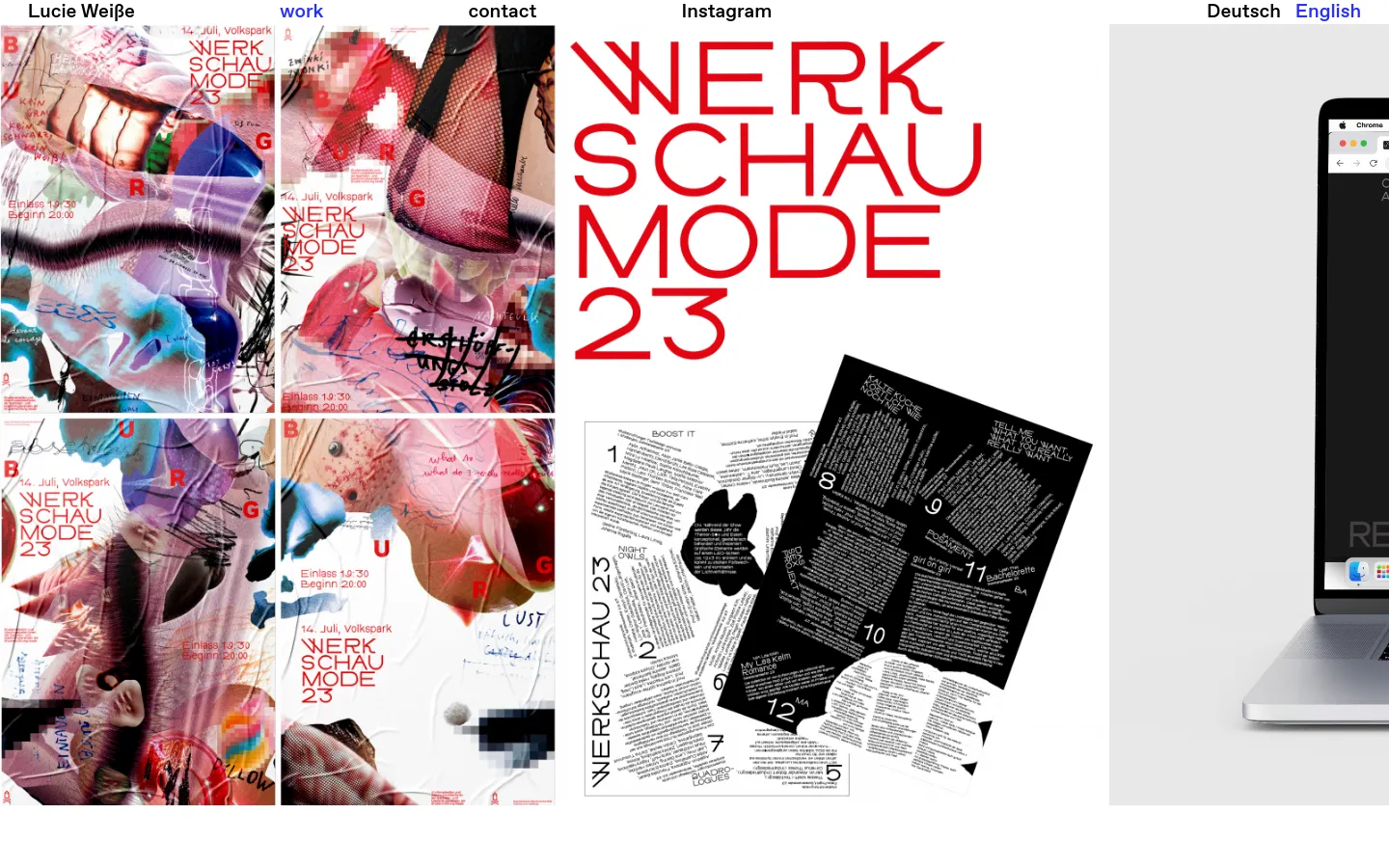 The desktop view shows a minimalist portfolio page with a white background and a navigation menu at the top. Below the menu, a grid of large, colorful, and abstract graphic design project previews is displayed, featuring bold red typography and collage-style imagery.