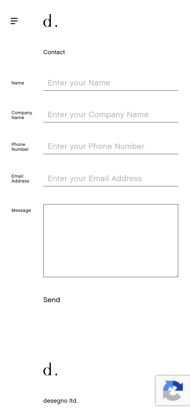 The mobile version simplifies the layout by moving the navigation links into a hamburger menu icon at the top left. The contact form fields and 'Send' button are stacked vertically to fit the narrower screen, maintaining the clean white and black aesthetic.