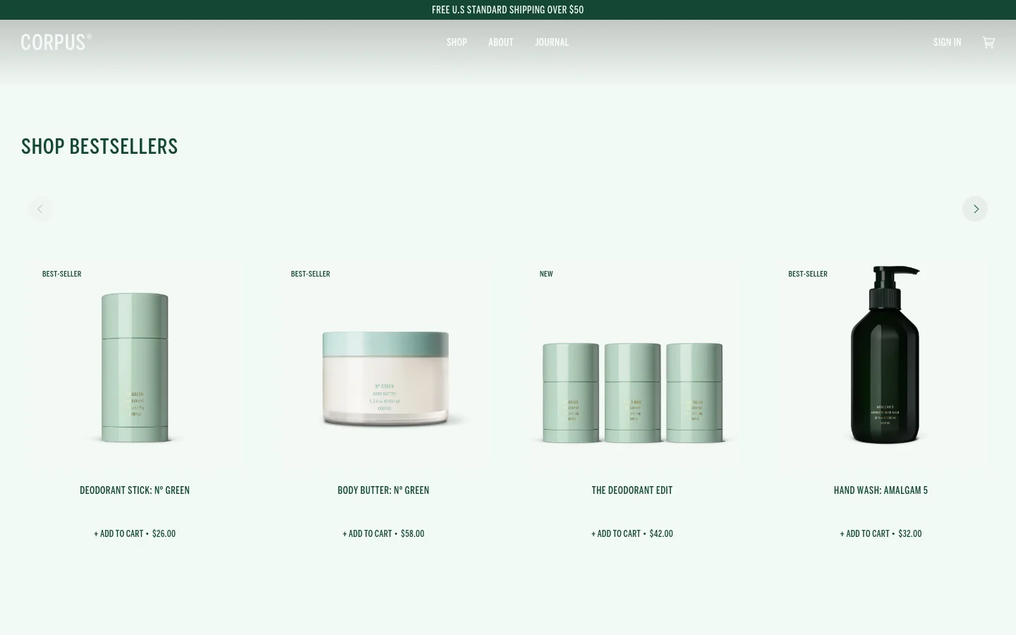The desktop homepage features a minimalist design with a light cream background and dark green accents. A hero section includes the headline 'ELEVATED, BY DESIGN' with a 'SHOP ALL' call to action, followed by a 'SHOP BESTSELLERS' carousel displaying product images, names, and prices for items like deodorant and body butter.