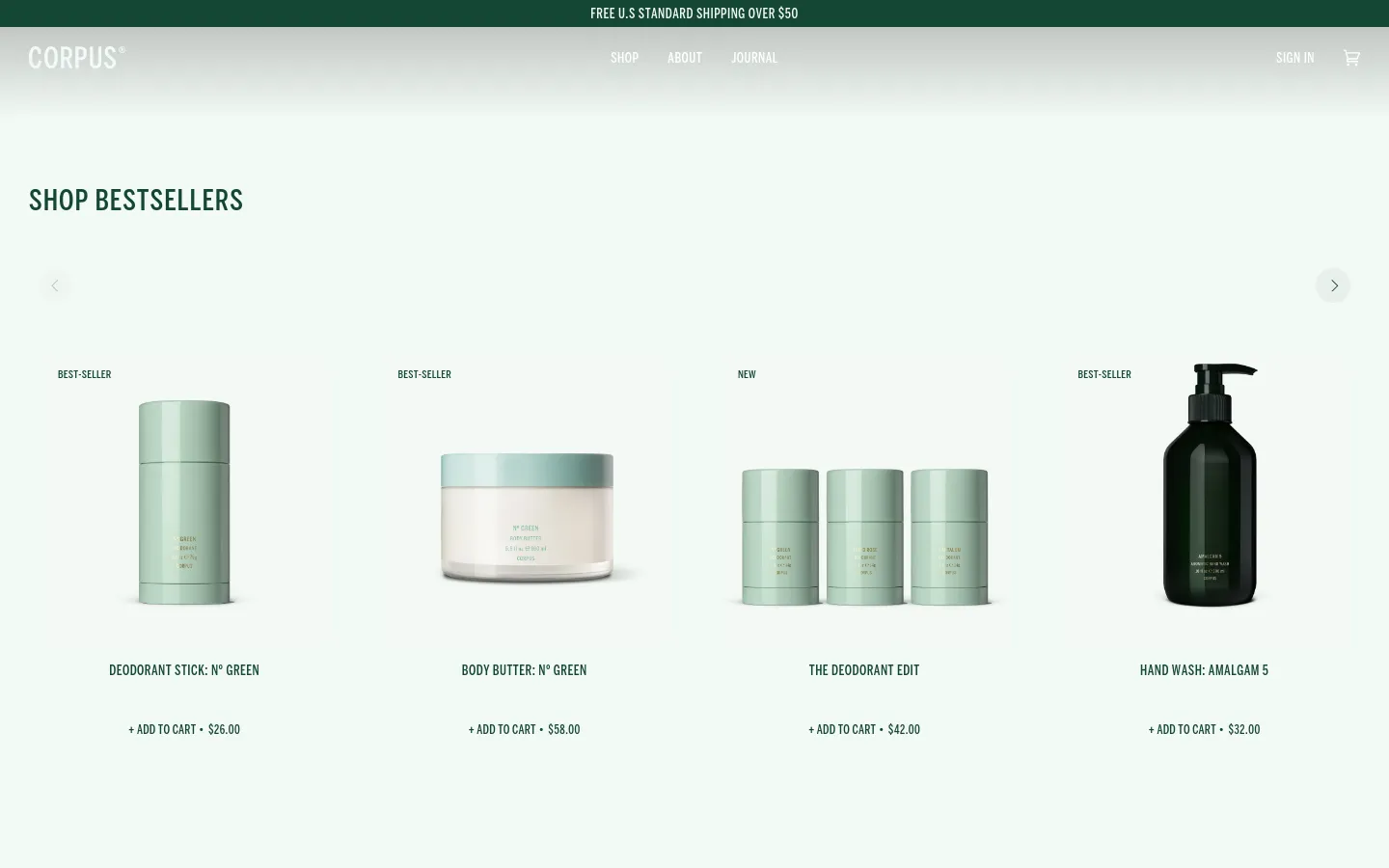 The desktop homepage features a minimalist design with a light cream background and dark green accents. A hero section includes the headline 'ELEVATED, BY DESIGN' with a 'SHOP ALL' call to action, followed by a 'SHOP BESTSELLERS' carousel displaying product images, names, and prices for items like deodorant and body butter.