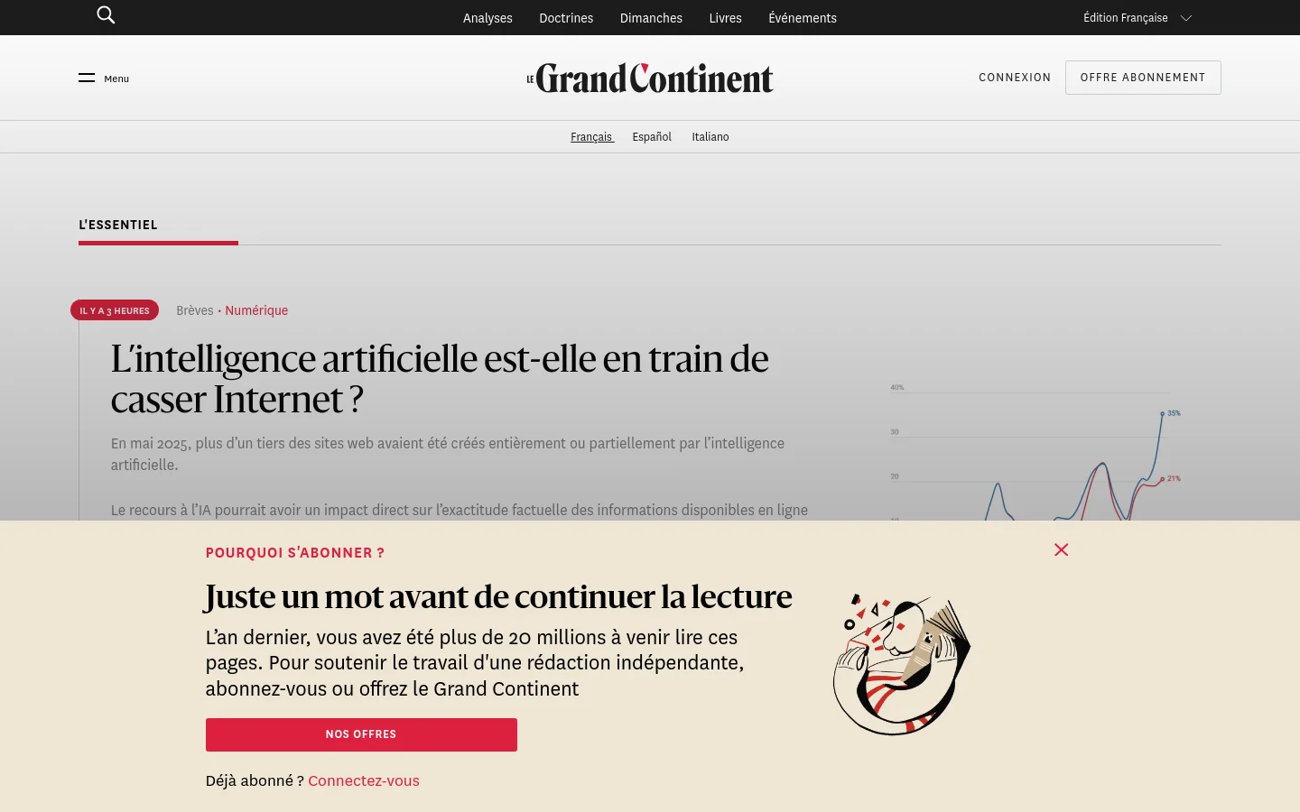 The desktop page for Le Grand Continent features a clean, minimalist layout with a white and light gray color palette. A large hero section displays the headline 'Nos contenus premium' with a prominent red 'JE M'ABONNE' call-to-action button, accompanied by a stylized line drawing. Below, an article section titled 'L'ESSENTIEL' shows a news brief about artificial intelligence with a red tag indicating it was posted 4 hours ago.