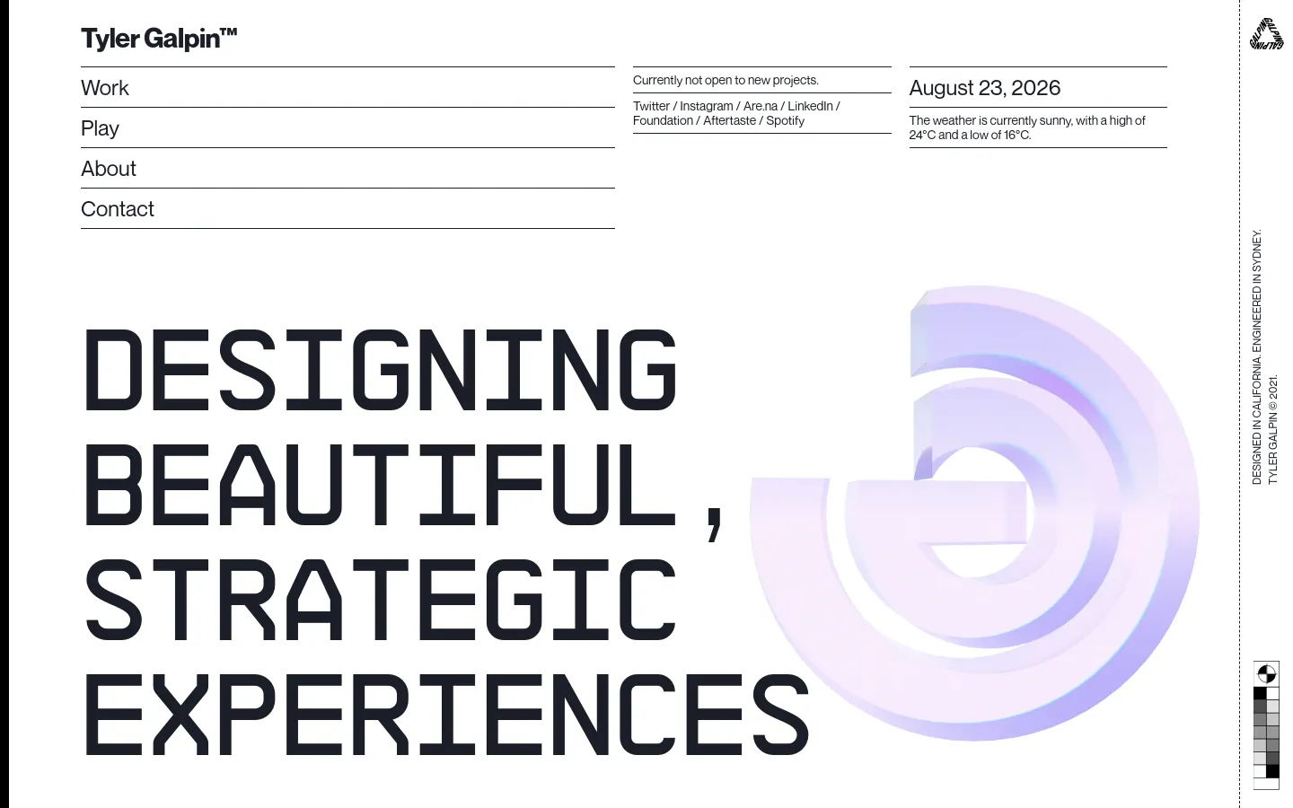 The desktop homepage features a minimalist white layout with black typography. A large headline reads 'DESIGNING BEAUTIFUL, STRATEGIC EXPERIENCES' next to a large, abstract 3D lavender and blue geometric shape. Navigation links, social media, and weather information are organized in clean columns at the top.