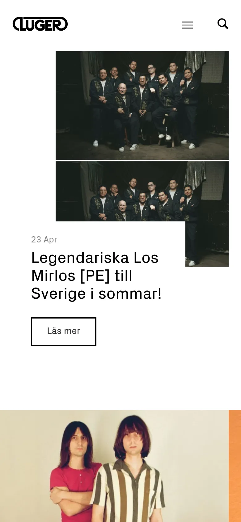 The mobile version maintains the white aesthetic but uses a condensed layout with a hamburger menu and search icon in the header. The hero content remains prominent, showing the band photo and news headline stacked vertically to fit the narrower screen width.