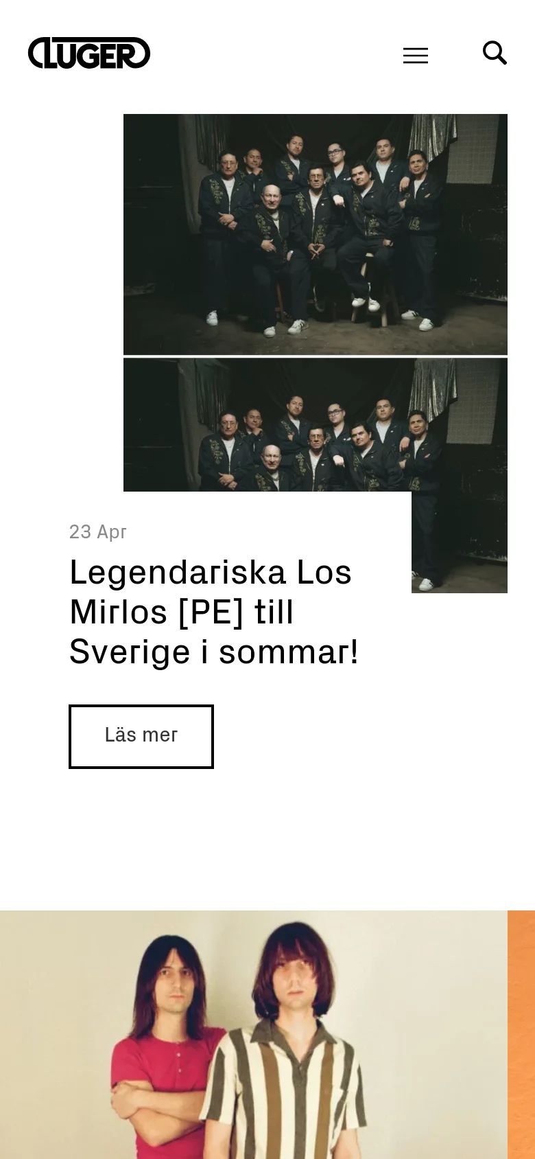 The mobile version maintains the white aesthetic but uses a condensed layout with a hamburger menu and search icon in the header. The hero content remains prominent, showing the band photo and news headline stacked vertically to fit the narrower screen width.