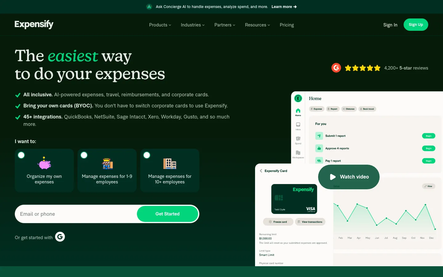 Expensify homepage with a dark green background featuring a large headline, 'The easiest way to do your expenses,' and a list of key features with green checkmarks. The layout includes a sign-up form with an email field and a 'Get Started' button, alongside a large hero image of the software interface and a 'Watch video' button. A G2 rating with five stars is displayed prominently in the top right.