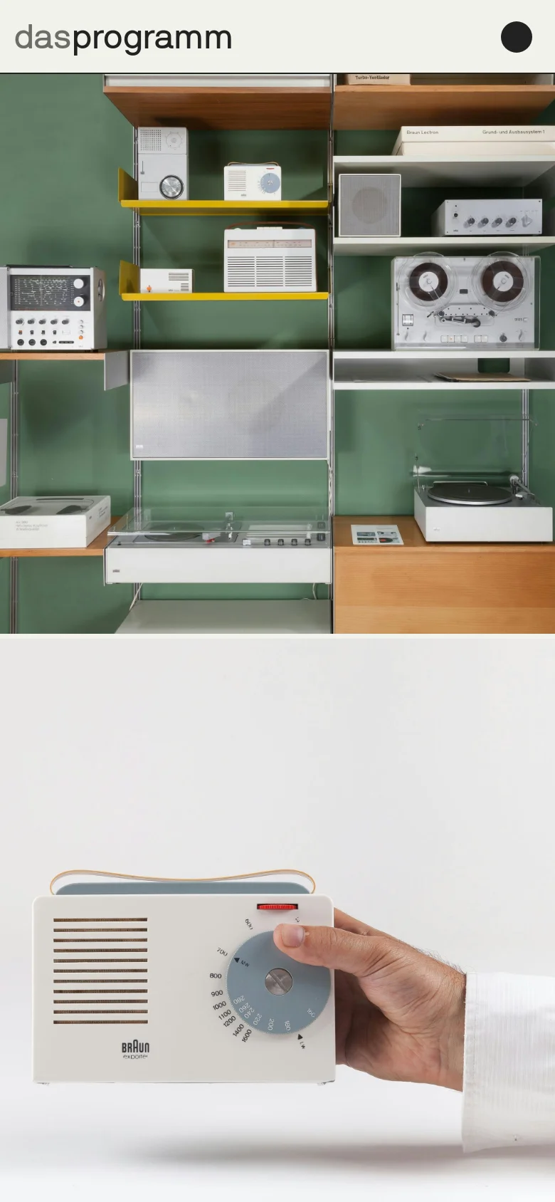 The mobile version simplifies the layout, focusing on the large hero image of the Braun audio equipment and a single-column view. The navigation menu is condensed, and the visual emphasis remains on the high-quality photography of the vintage electronics against a clean, light background.