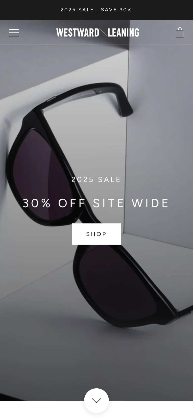 The mobile version simplifies the layout, replacing the top navigation bar with a hamburger menu icon on the left and a shopping bag icon on the right. The hero section remains centered, featuring the large sunglasses image, the '2025 SALE' text, and the 'SHOP' call-to-action button, optimized for a vertical screen.