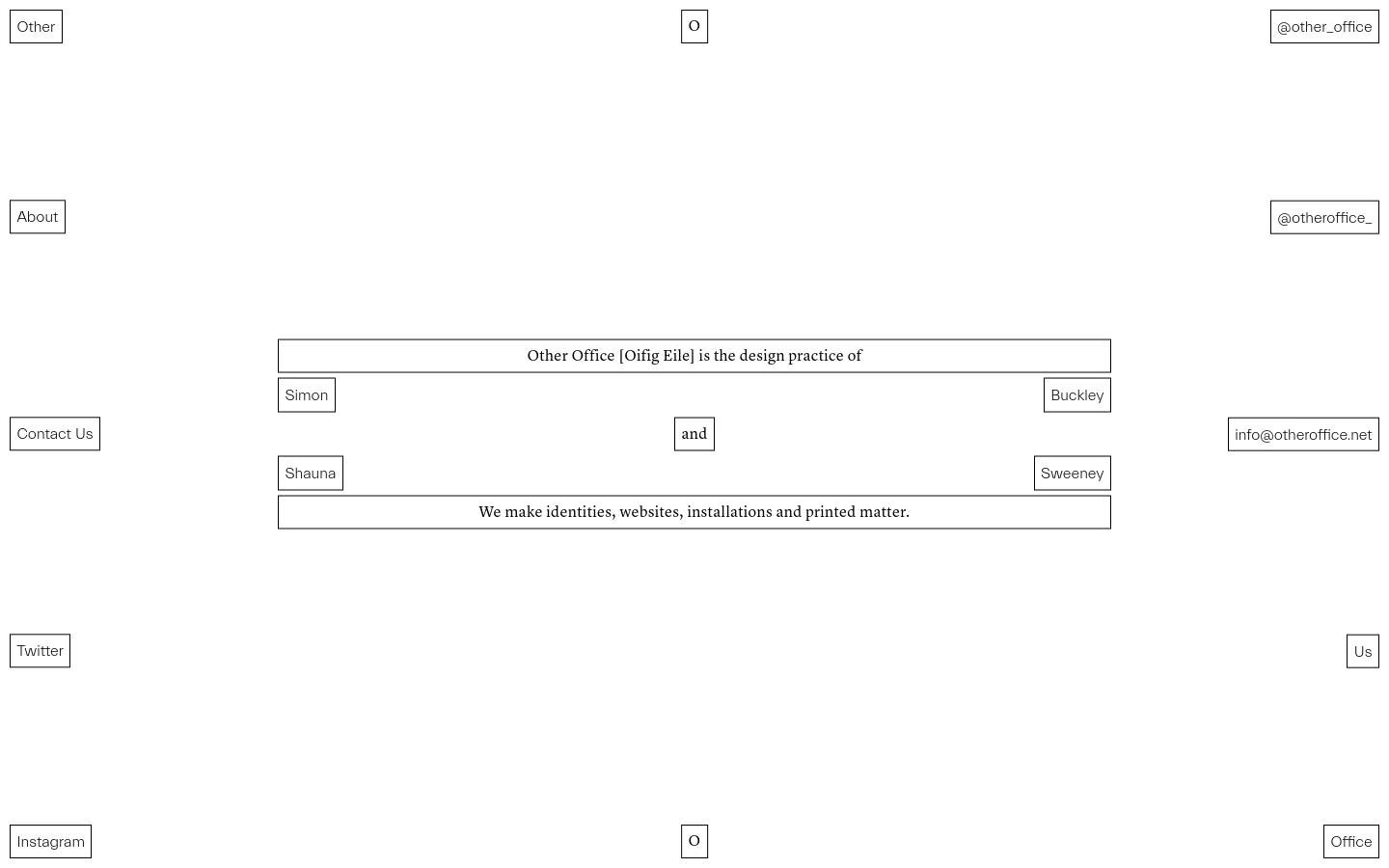 The desktop About page features a minimalist white layout with centered black serif text describing the design practice of Simon Sweeney and Shauna Buckley. The text is arranged in a structured, boxed grid pattern, followed by a large, vibrant thermal camera-style photograph of two people embracing in blue, yellow, and red tones. Navigation links like 'Other', 'Office', and social media handles are placed in the corners of the viewport.