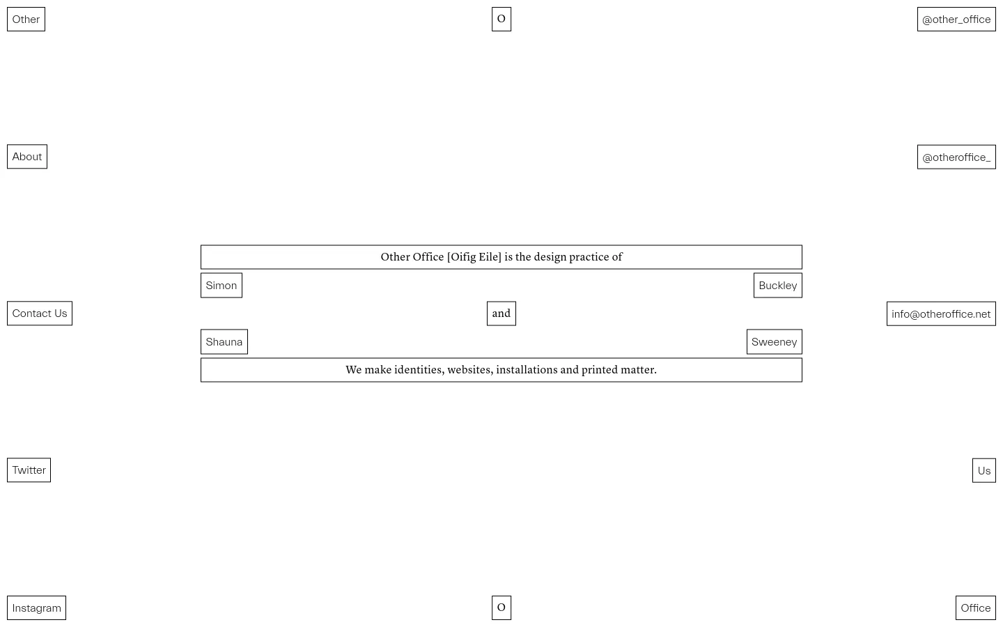 The desktop About page features a minimalist white layout with centered black serif text describing the design practice of Simon Sweeney and Shauna Buckley. The text is arranged in a structured, boxed grid pattern, followed by a large, vibrant thermal camera-style photograph of two people embracing in blue, yellow, and red tones. Navigation links like 'Other', 'Office', and social media handles are placed in the corners of the viewport.