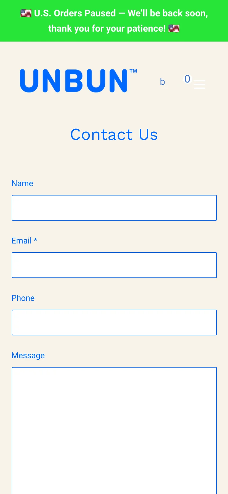 The mobile version maintains the green announcement banner and beige background but transitions to a single-column layout. The contact form fields, including Name, Email, Phone, and Message, are stacked vertically for easier scrolling on a smaller screen.