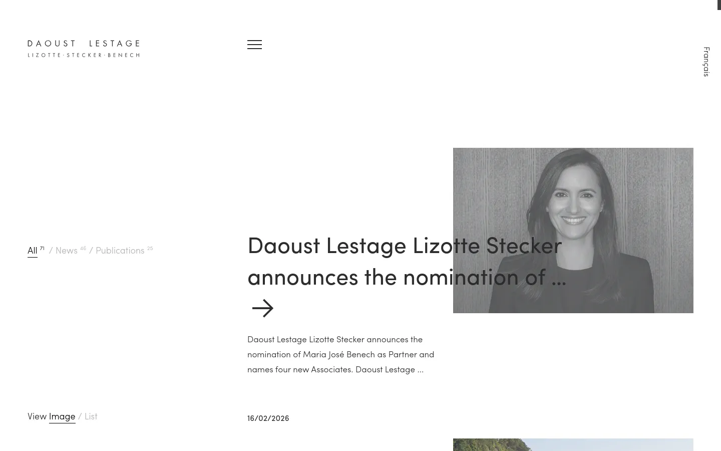 The desktop News page features a minimalist white layout with the Daoust Lestage logo at the top left and a hamburger menu at the top center. A large hero section displays a grayscale portrait of a woman next to a headline about a new partner nomination, accompanied by a right-pointing arrow. Below, navigation filters for 'All', 'News', and 'Publications' are visible alongside view toggles for 'Image' and 'List'.
