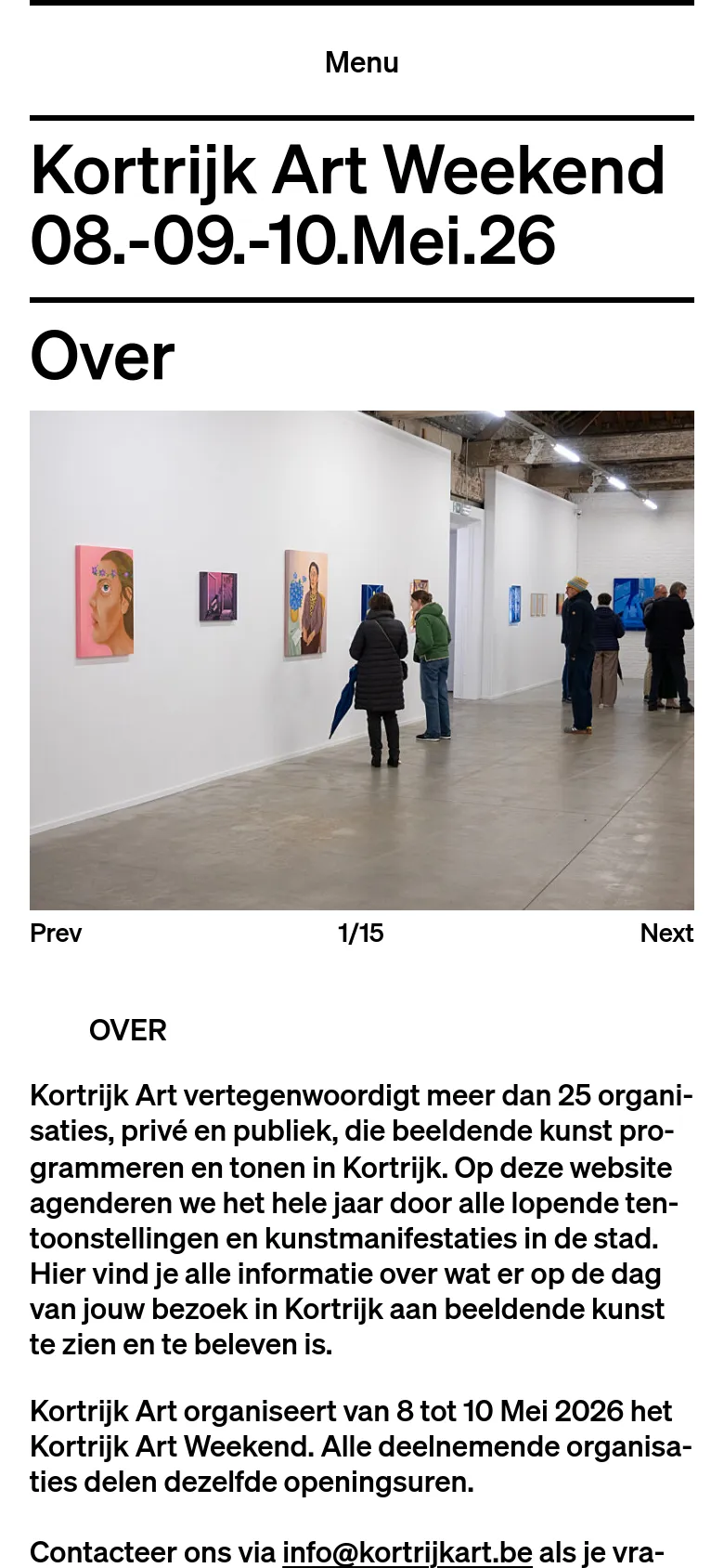 The mobile version presents a simplified, vertical layout with the 'Kortrijk Art Weekend' title and dates prominently displayed at the top. The content follows a single-column format, showing the image carousel with 'Prev' and 'Next' controls, followed by the 'Over' text section and partner information. The navigation is condensed into a 'Menu' button at the top of the screen.