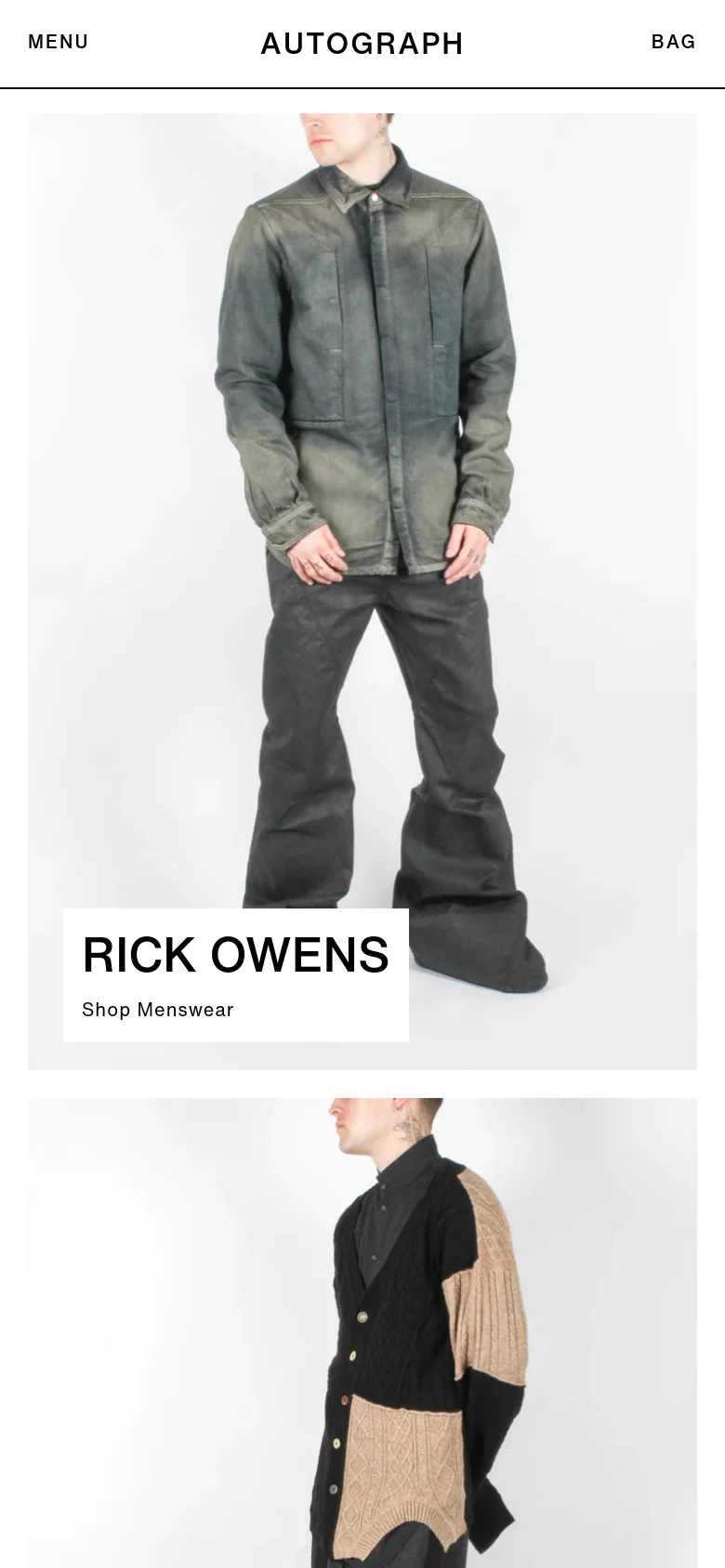 The mobile version presents a simplified vertical layout with a large hero image of a model and a prominent 'Rick Owens' heading with a 'Shop Menswear' call to action. The top navigation is condensed into a 'MENU' hamburger icon, the 'AUTOGRAPH' logo, and a 'BAG' link. The overall aesthetic remains clean and high-contrast with a focus on large-scale imagery.