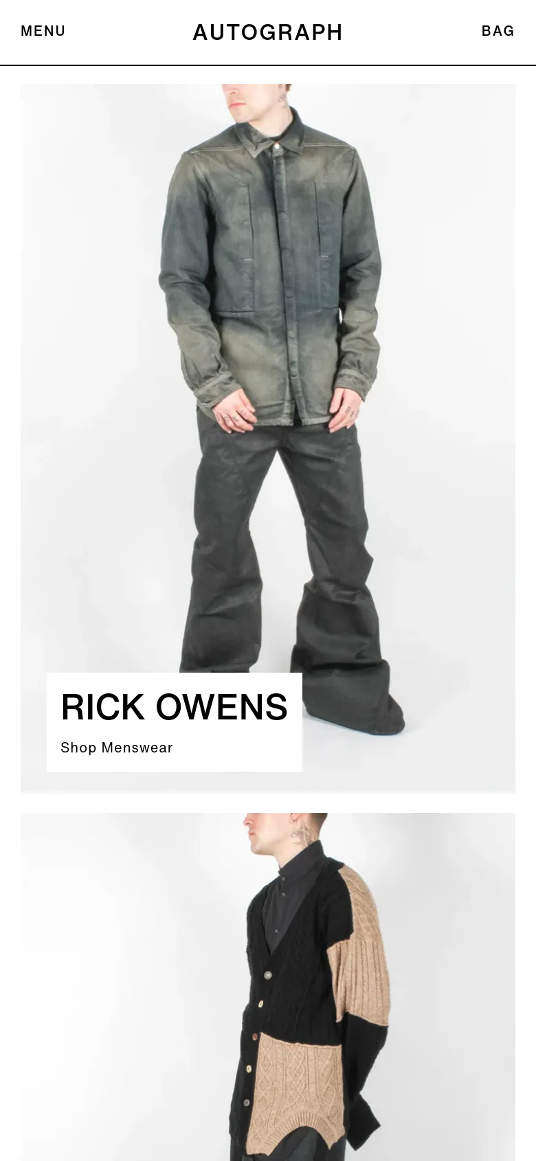 The mobile version presents a simplified vertical layout with a large hero image of a model and a prominent 'Rick Owens' heading with a 'Shop Menswear' call to action. The top navigation is condensed into a 'MENU' hamburger icon, the 'AUTOGRAPH' logo, and a 'BAG' link. The overall aesthetic remains clean and high-contrast with a focus on large-scale imagery.