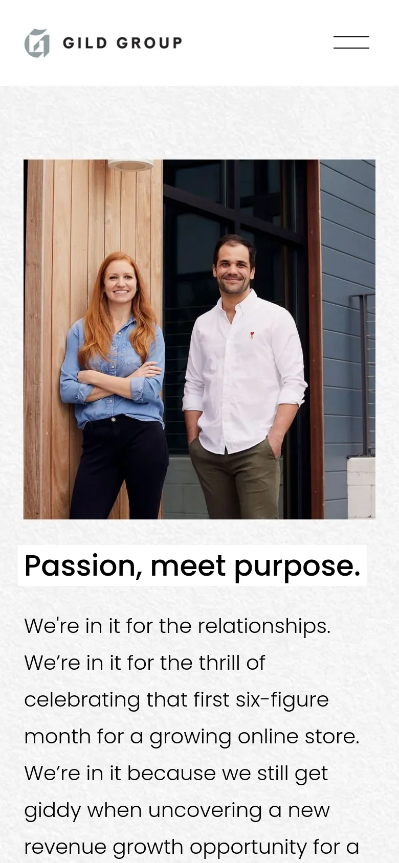 The mobile version simplifies the layout into a single vertical column, placing the Gild Group logo and a hamburger menu icon at the top. The hero portrait of the two founders is followed by the 'Passion, meet purpose' headline and body text, optimized for easy scrolling on a narrow screen.