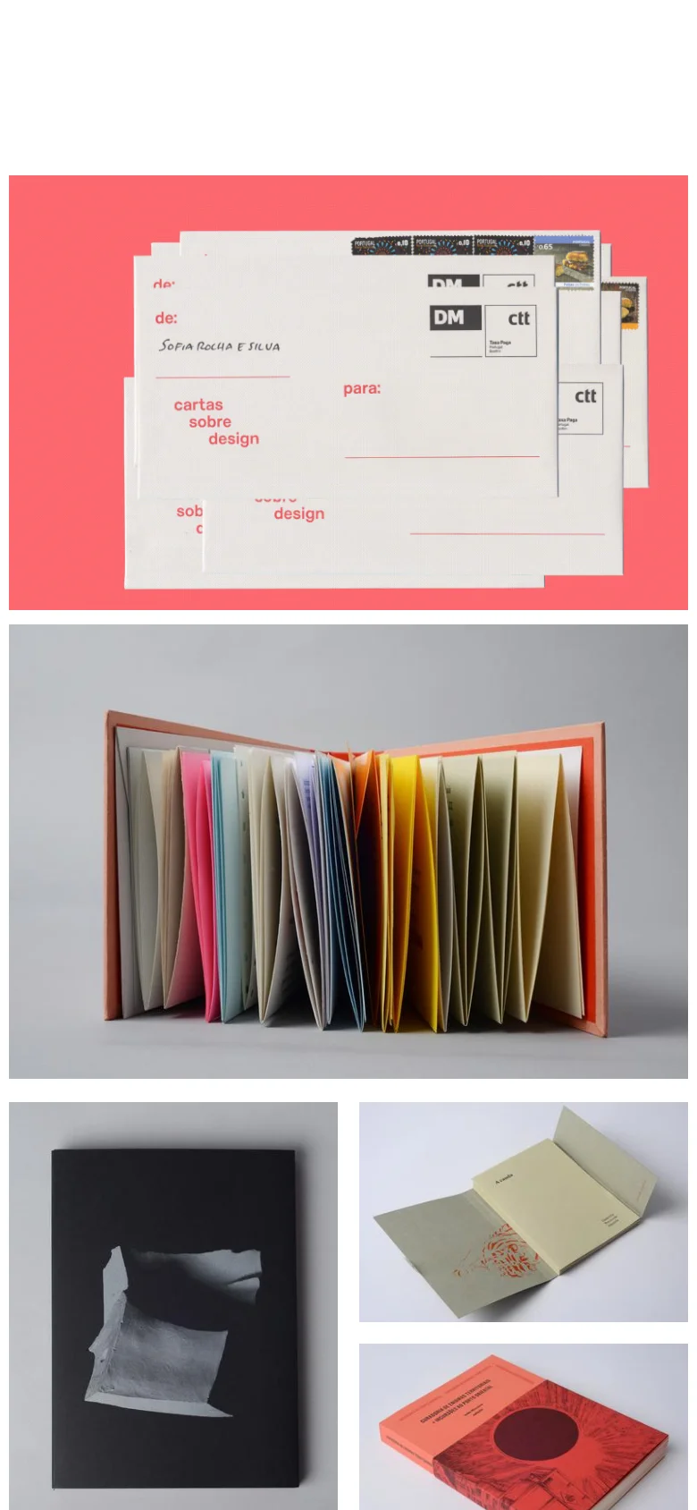 The mobile version presents the same graphic design portfolio content in a single-column vertical stack. The images of envelopes, the multi-colored book, and the various book covers are scaled to fit the narrow screen width, maintaining the clean, minimalist aesthetic and high-contrast color palette.
