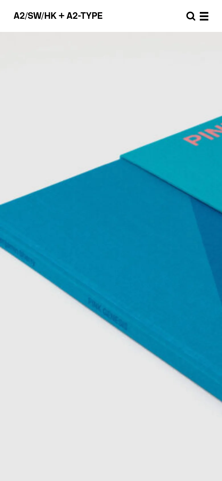 The mobile version maintains the minimalist white header with the studio name, a search icon, and a hamburger menu icon. The hero image of the teal 'PINK GENESIS' books is cropped more tightly to fit the vertical screen, focusing on the vibrant colors and geometric shapes.