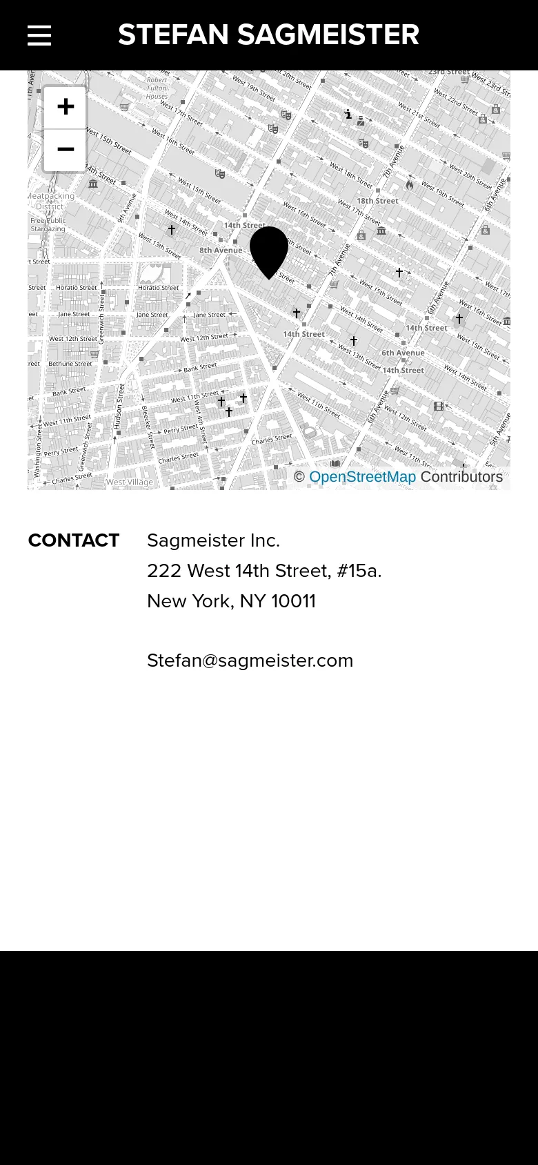 The mobile version uses a vertical layout with a black header and footer. The contact information, including the address and email, is stacked centrally below a large, full-width map that occupies the top half of the screen. The text is larger and more centered compared to the desktop version.