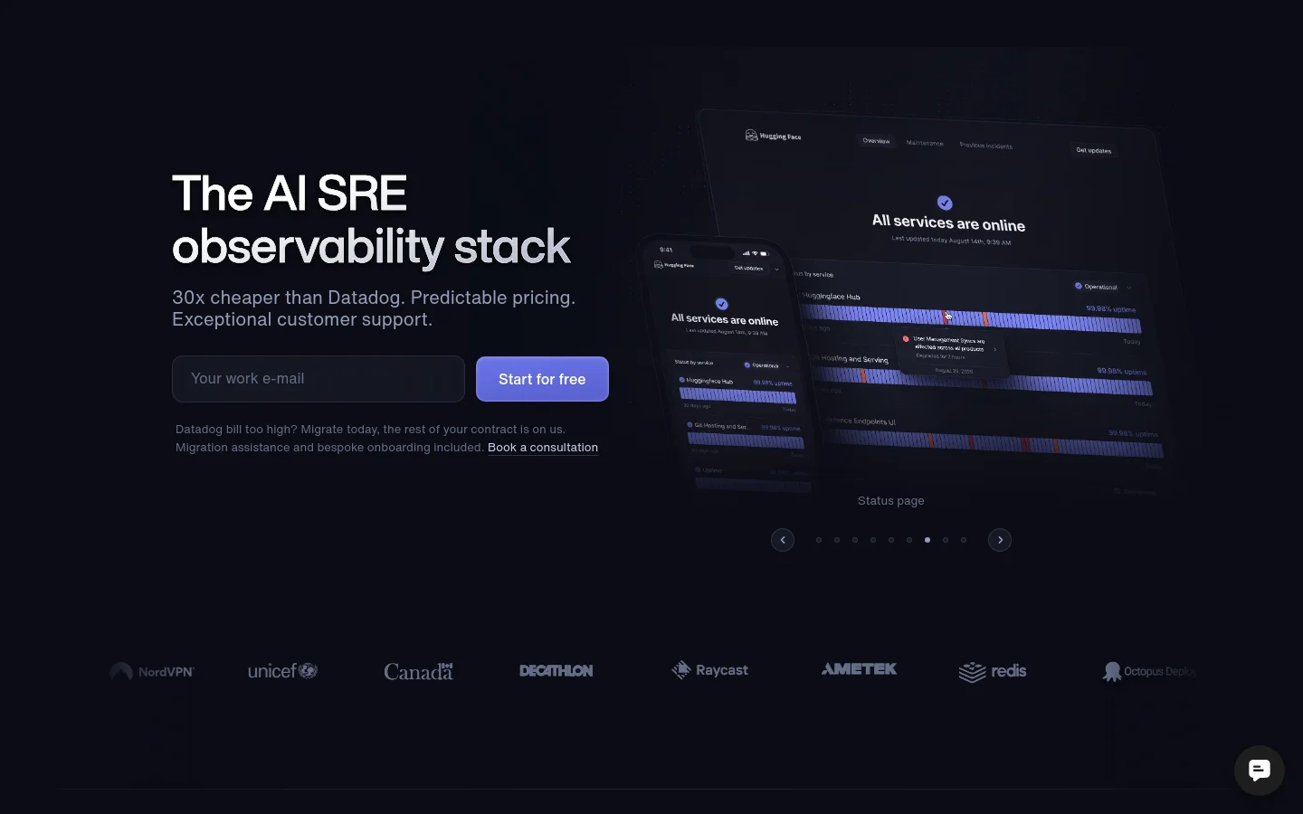 The Better Stack homepage features a dark theme with a large headline, 'The AI SRE observability stack,' and a subheadline emphasizing cost savings and support. A central email input field and a purple 'Start for free' button are positioned above a row of customer logos like UNICEF and Canada. To the right, a large, stylized graphic displays a dashboard interface showing service uptime and incident logs.