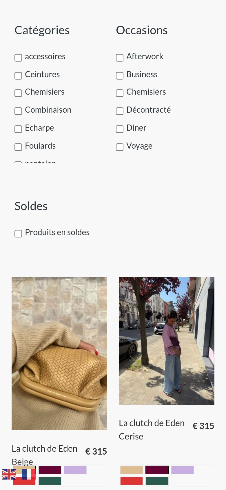 The mobile version simplifies the layout by stacking the filter checkboxes for Categories, Occasions, and Sales vertically at the top of the page. Below the filters, the product grid transitions to a narrower view, showing larger product images like the beige and cherry clutches with their respective prices and color options.