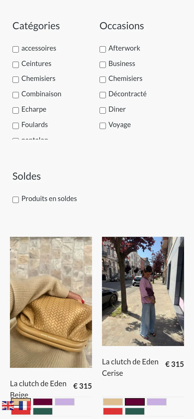 The mobile version simplifies the layout by stacking the filter checkboxes for Categories, Occasions, and Sales vertically at the top of the page. Below the filters, the product grid transitions to a narrower view, showing larger product images like the beige and cherry clutches with their respective prices and color options.