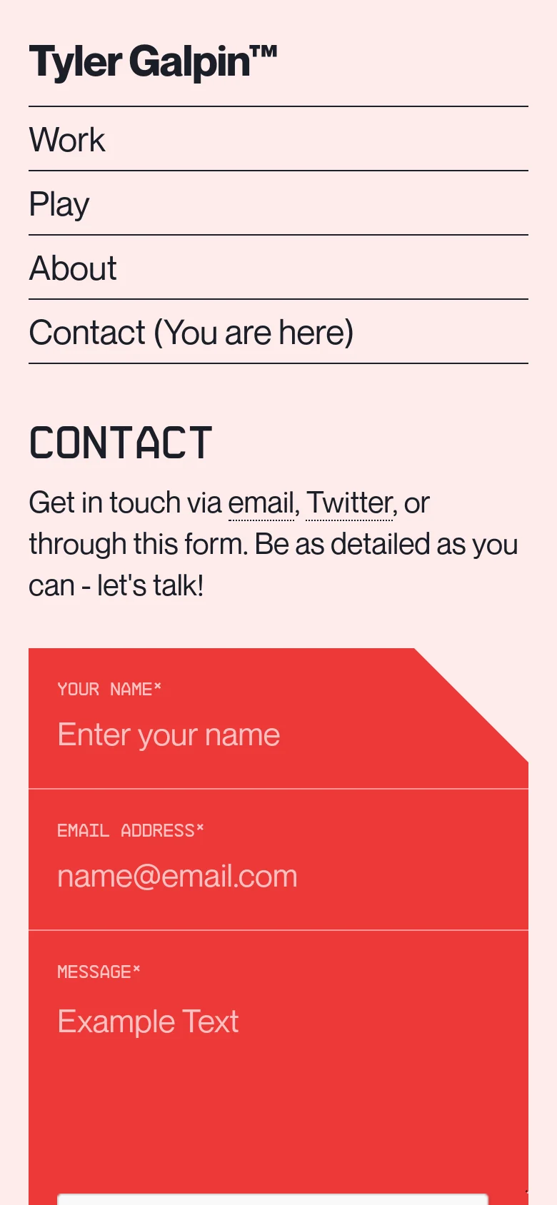 The mobile version uses a single-column vertical layout on a white background. The navigation menu is stacked at the top, followed by the 'CONTACT' heading and text, with the red contact form occupying the bottom half of the screen.