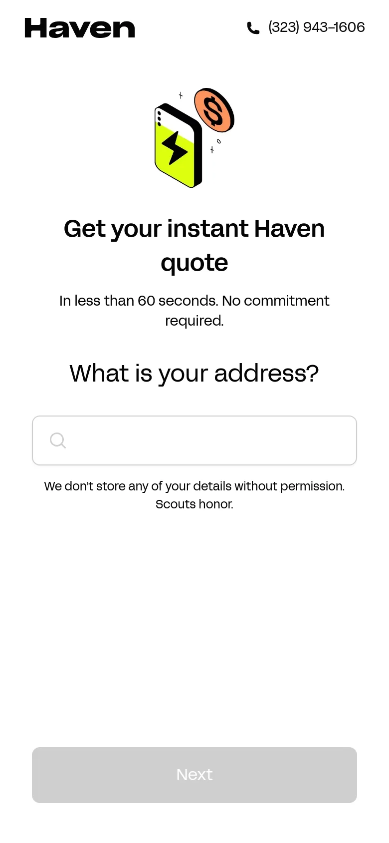 The mobile version maintains the same minimalist white aesthetic but uses a vertical stack layout to fit the narrow screen. The smartphone illustration, headline, and address input field are centered, with the 'Next' button spanning the full width of the bottom of the screen for easier tapping.